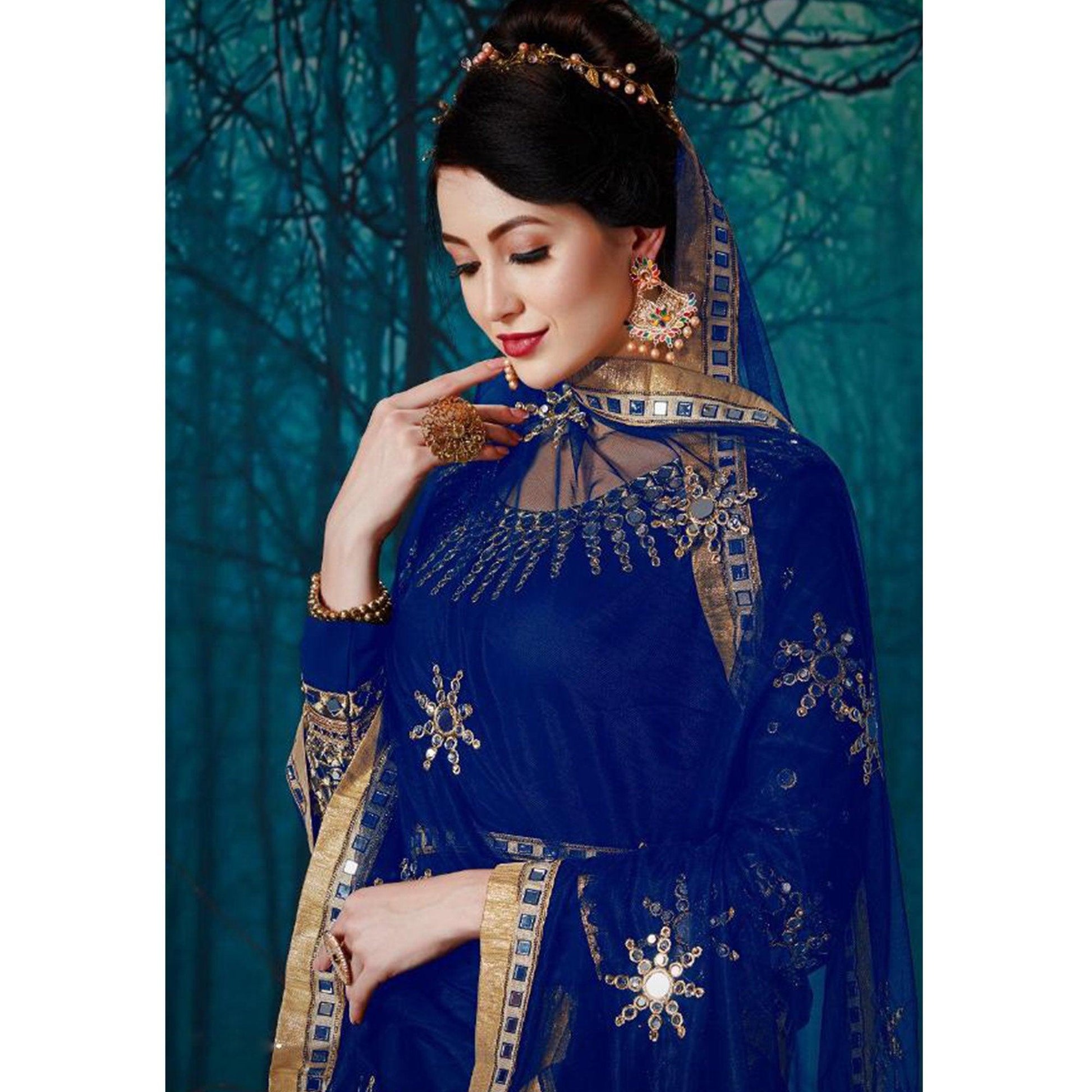 Entrancing Blue Colored Partywear Embroidered Georgette Anarkali Suit