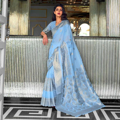 Entrancing Blue Coloured Partywear Pure Modal Woven Silk Saree