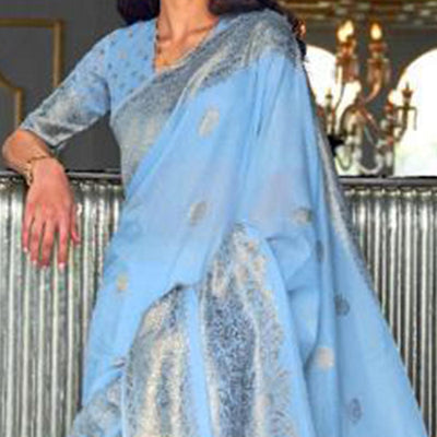 Entrancing Blue Coloured Partywear Pure Modal Woven Silk Saree