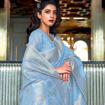 Entrancing Blue Coloured Partywear Pure Modal Woven Silk Saree