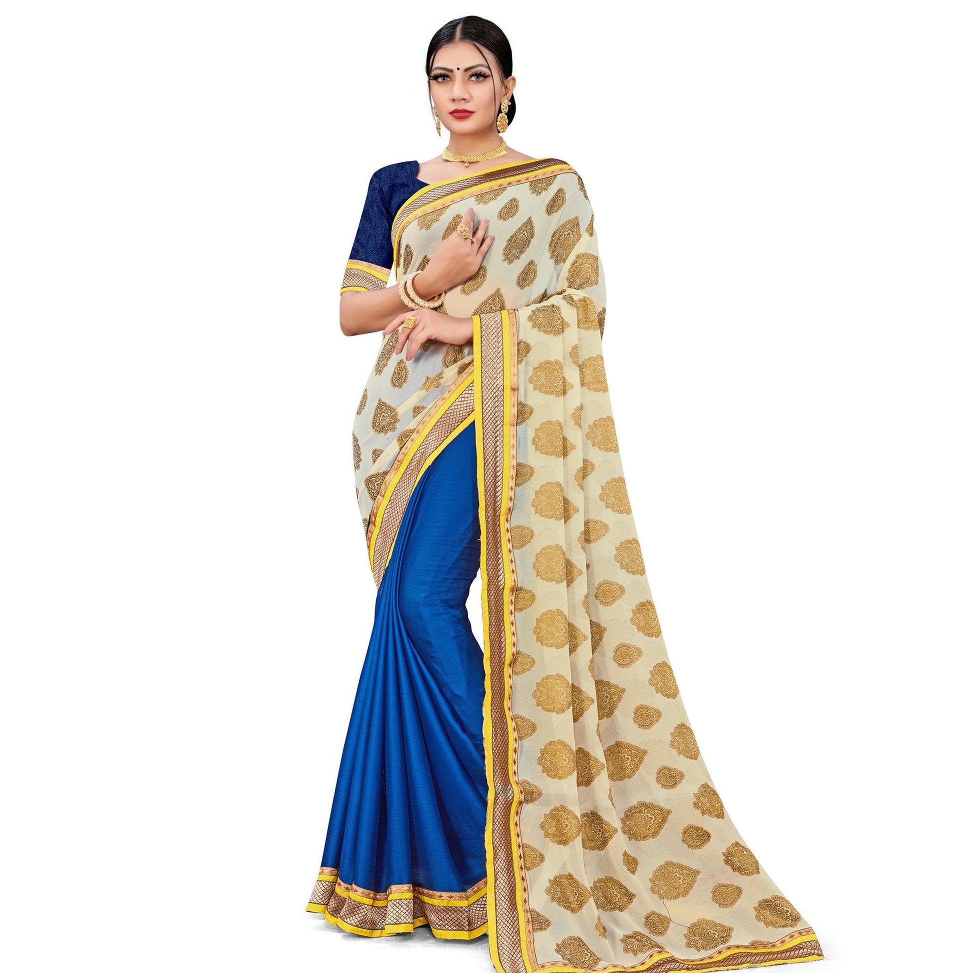 Entrancing Blue-Cream Colored party Wear Georgette Half-Half Saree
