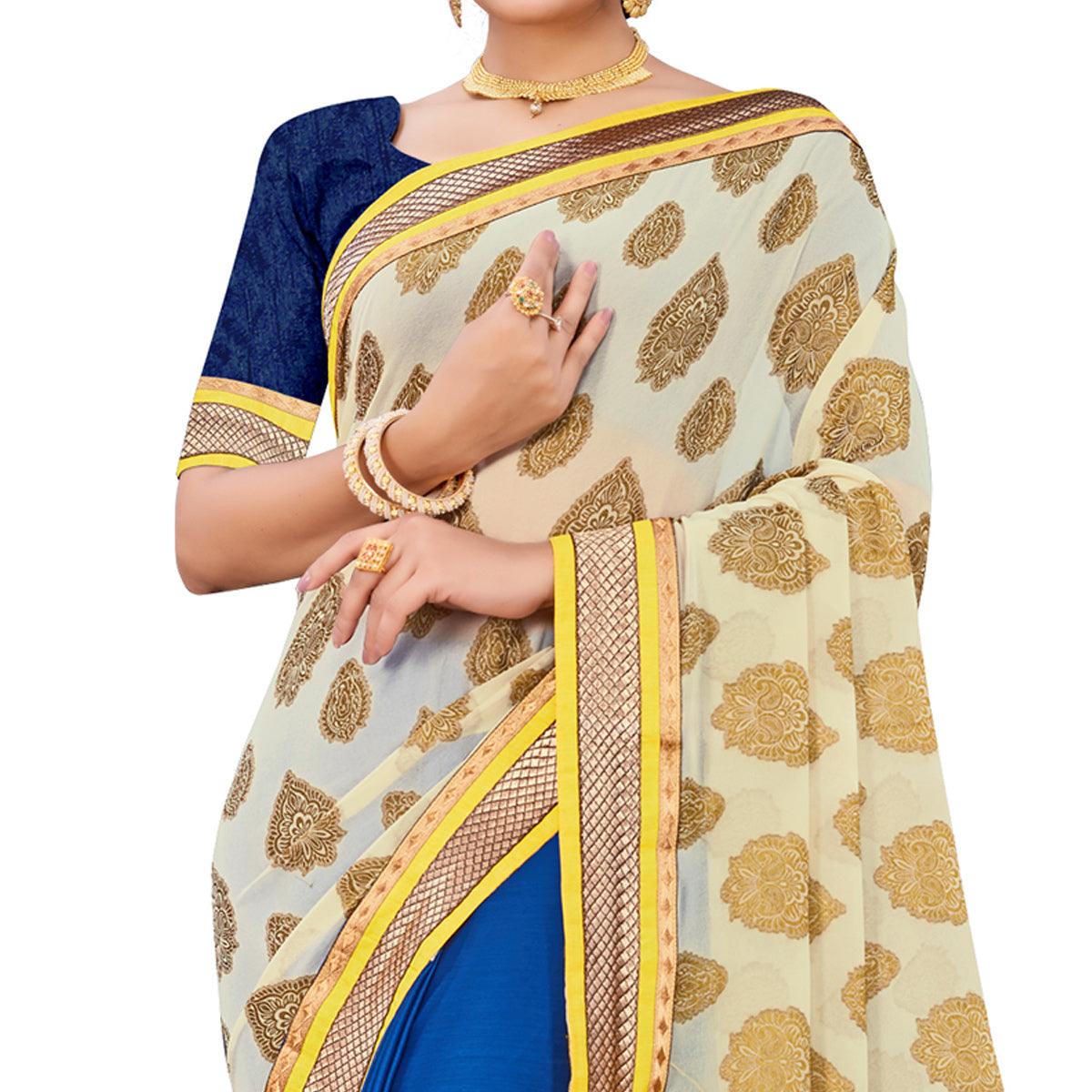 Entrancing Blue-Cream Colored party Wear Georgette Half-Half Saree