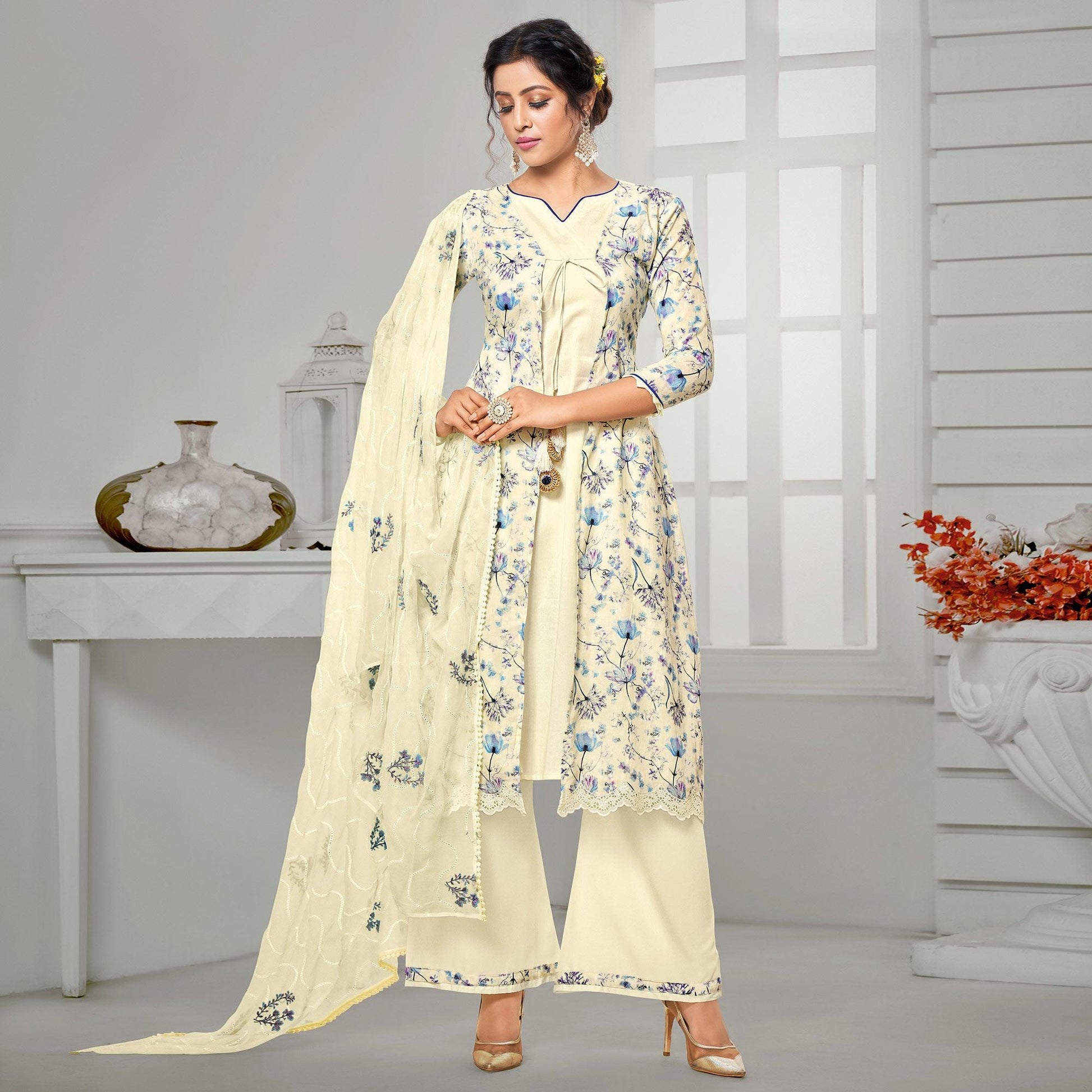 Entrancing Cream Colored Casual Wear Digital Printed Cotton Dress Material