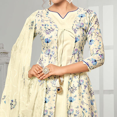Entrancing Cream Colored Casual Wear Digital Printed Cotton Dress Material