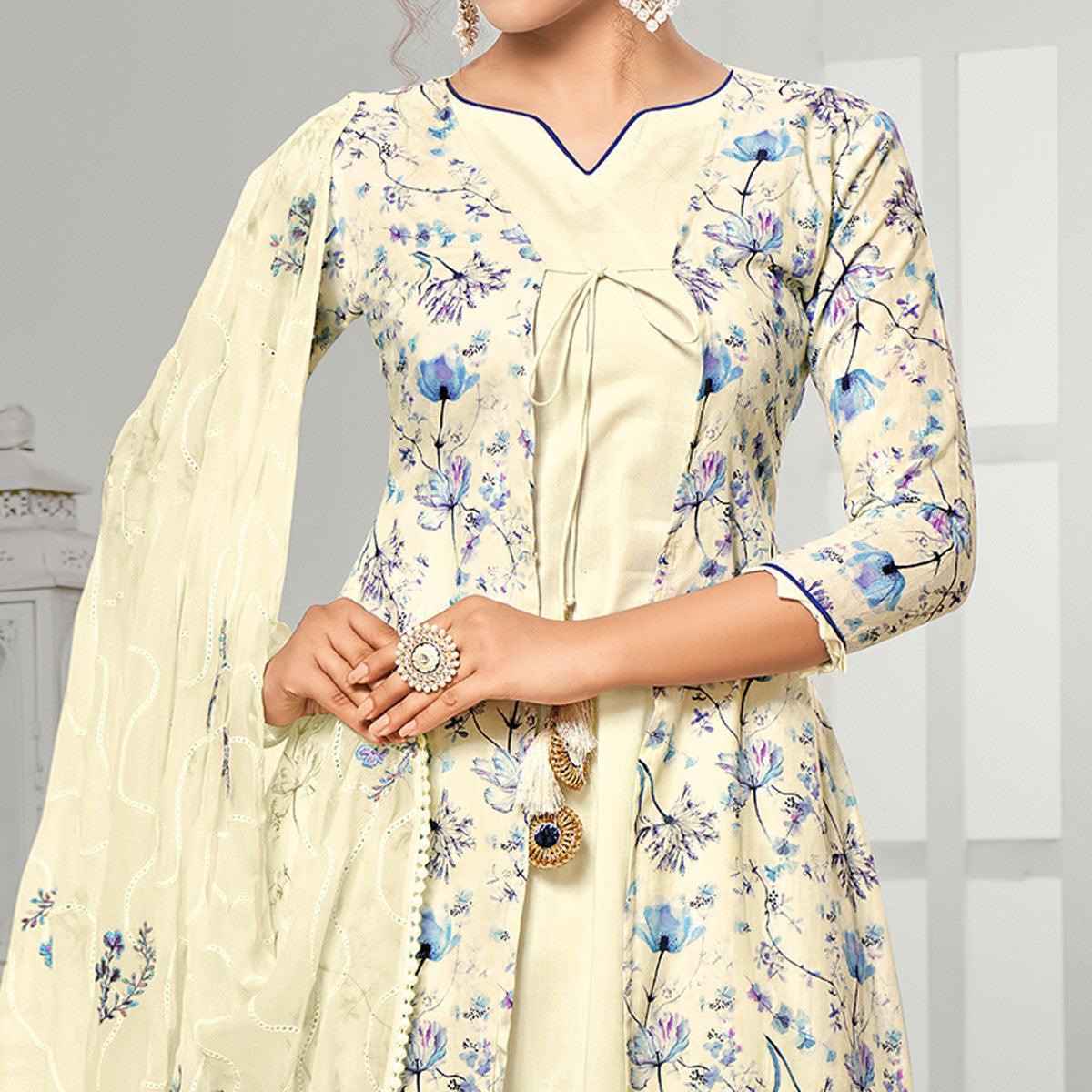 Entrancing Cream Colored Casual Wear Digital Printed Cotton Dress Material
