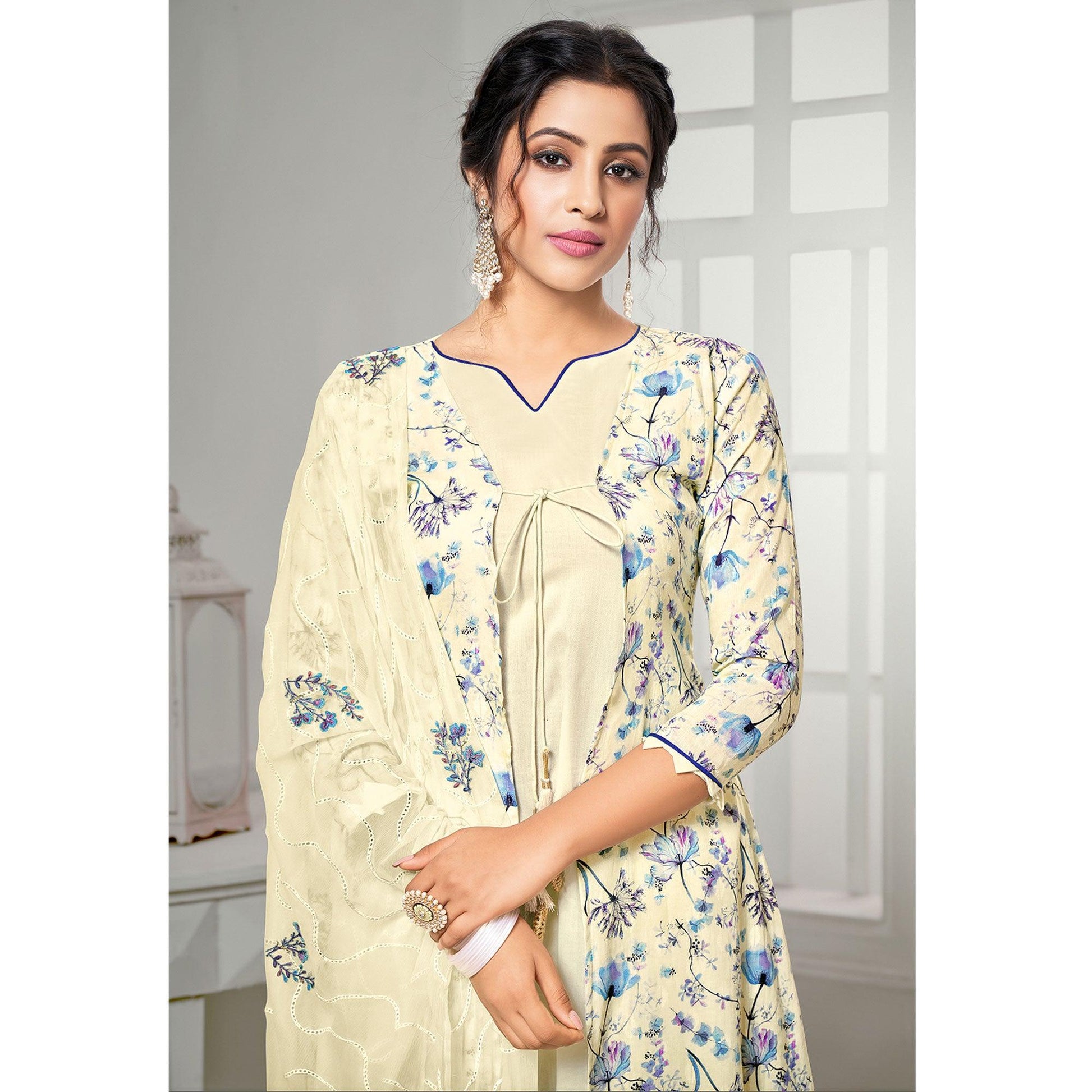 Entrancing Cream Colored Casual Wear Digital Printed Cotton Dress Material