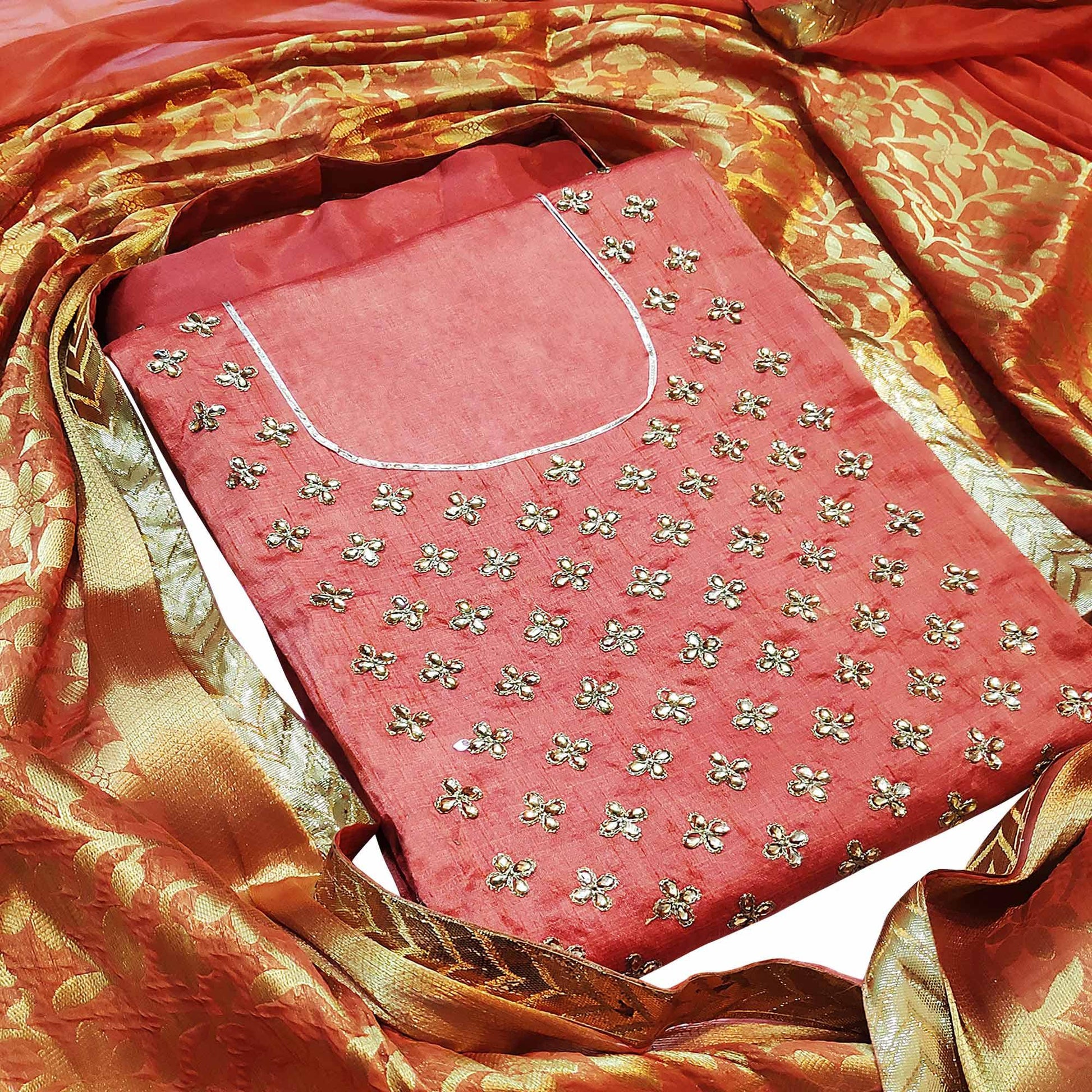 Entrancing Gajri Colored Casual Wear Embroidered Silk Dress Material With Banarasi Silk Dupatta