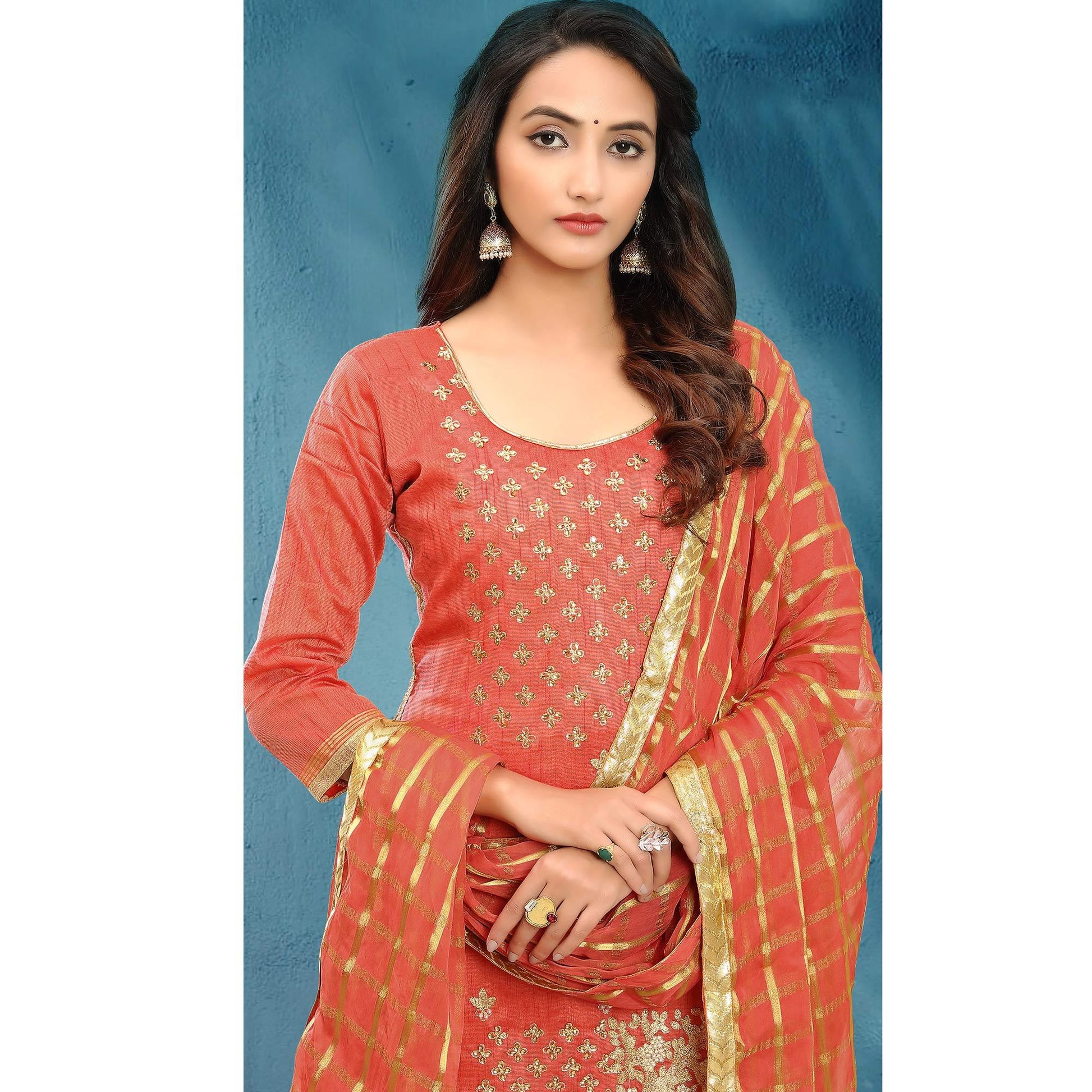 Entrancing Gajri Colored Casual Wear Embroidered Silk Dress Material With Banarasi Silk Dupatta