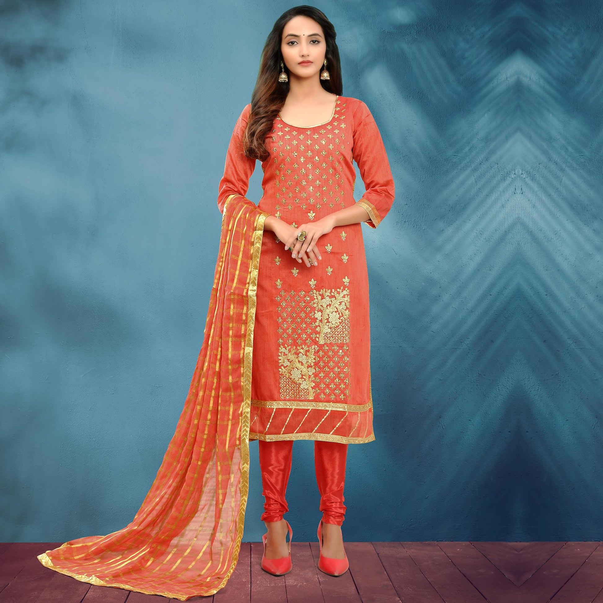 Entrancing Gajri Colored Casual Wear Embroidered Silk Dress Material With Banarasi Silk Dupatta