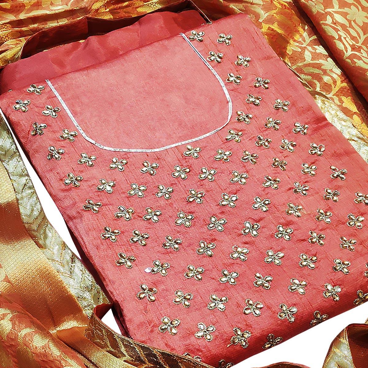 Entrancing Gajri Colored Casual Wear Embroidered Silk Dress Material With Banarasi Silk Dupatta