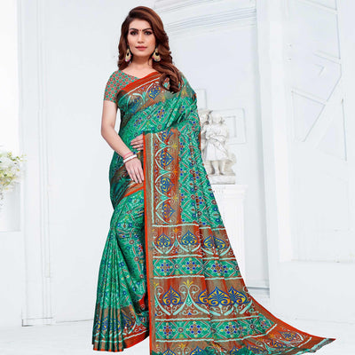 Entrancing Green Colored Casual Printed Patola Printed Art Silk Saree