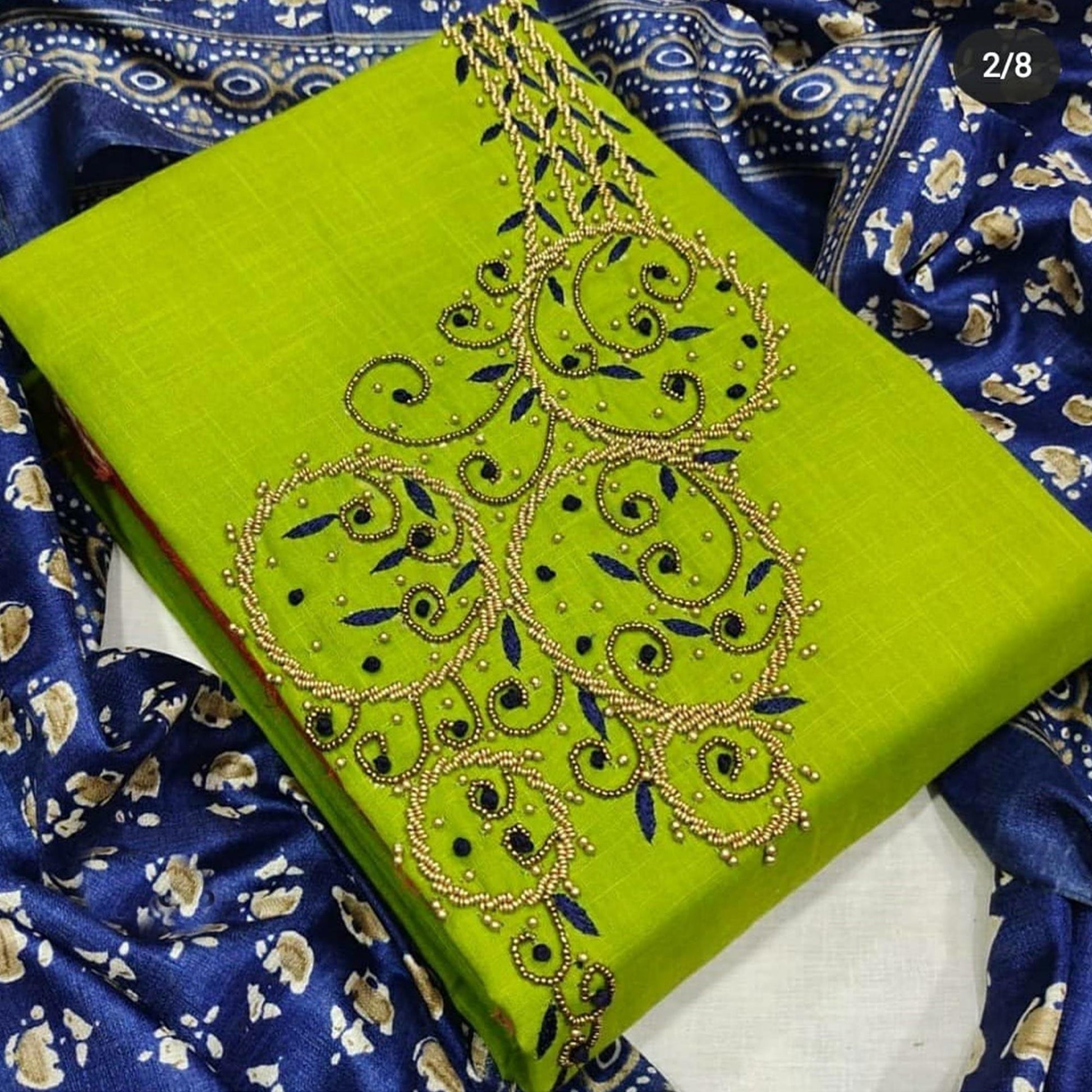 Entrancing Green Colored Casual Wear Embroidered Modal Chanderi Dress Material