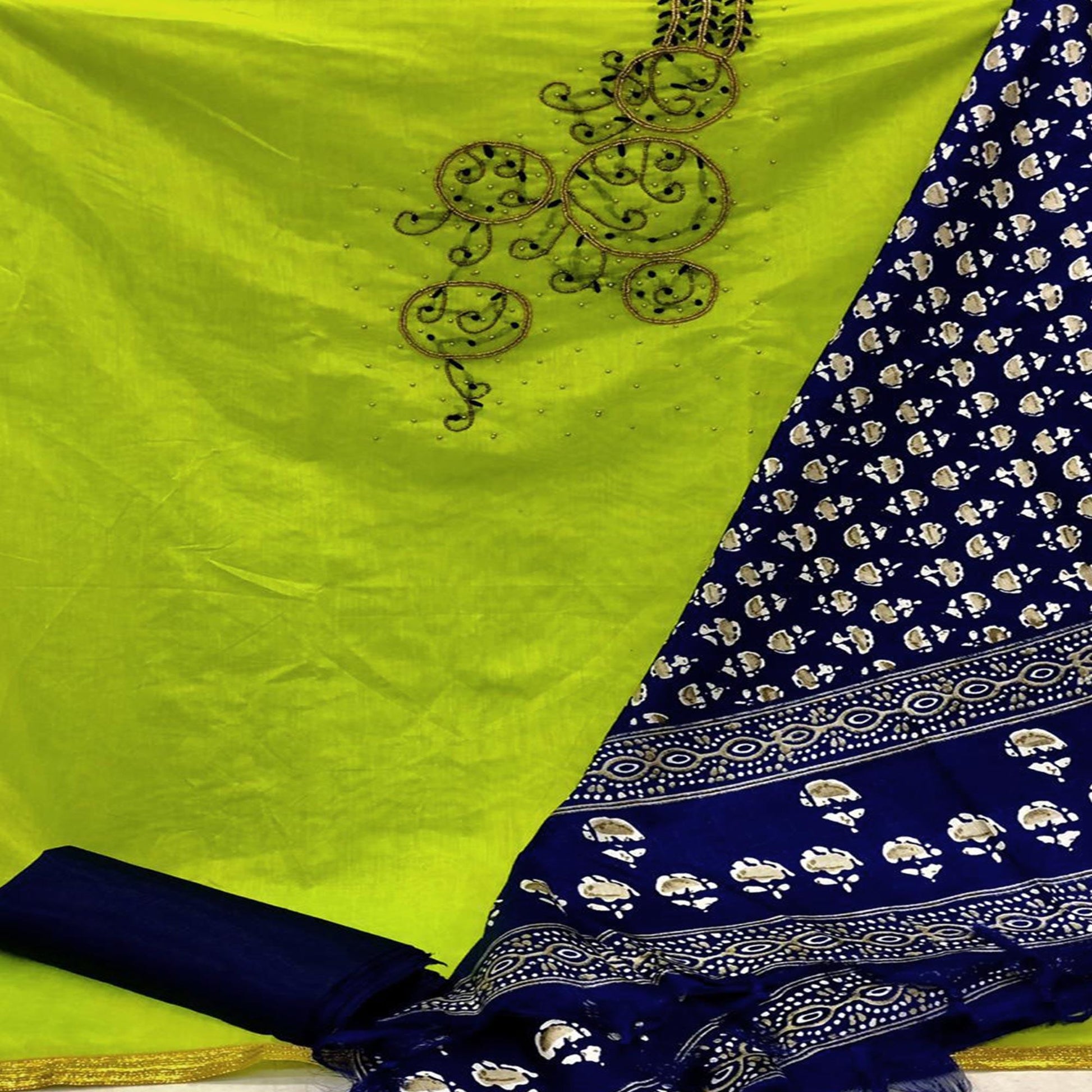 Entrancing Green Colored Casual Wear Embroidered Modal Chanderi Dress Material