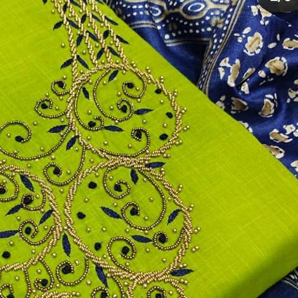 Entrancing Green Colored Casual Wear Embroidered Modal Chanderi Dress Material