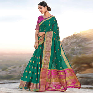 Entrancing Green Colored Festive Wear Woven Cotton Handloom Saree