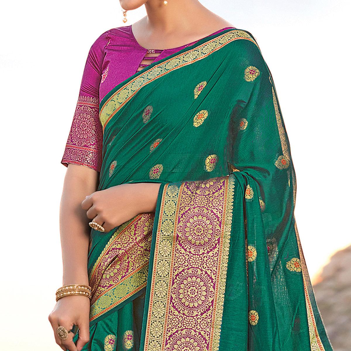 Entrancing Green Colored Festive Wear Woven Cotton Handloom Saree