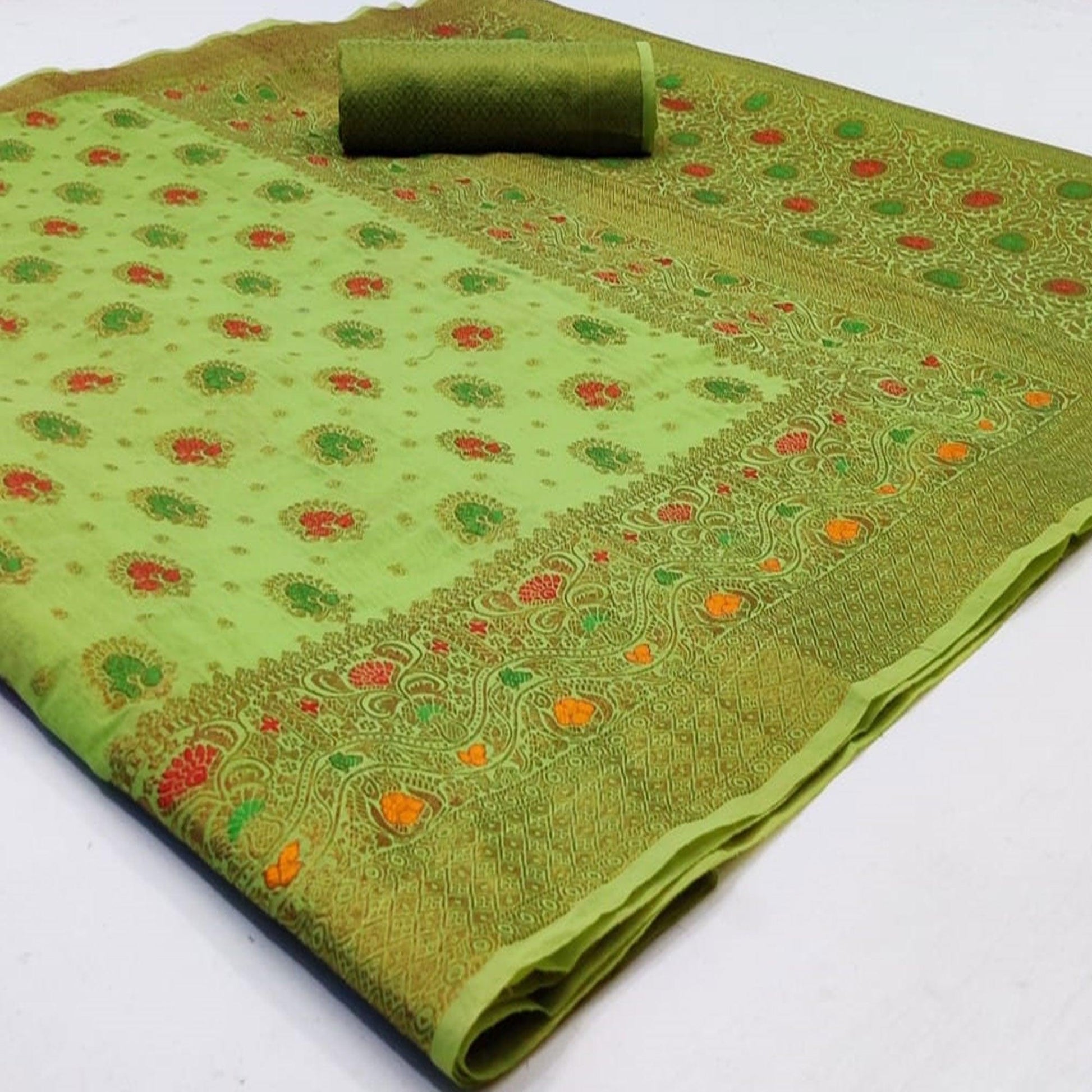 Entrancing Green Colored Festive Wear Woven Cotton Saree