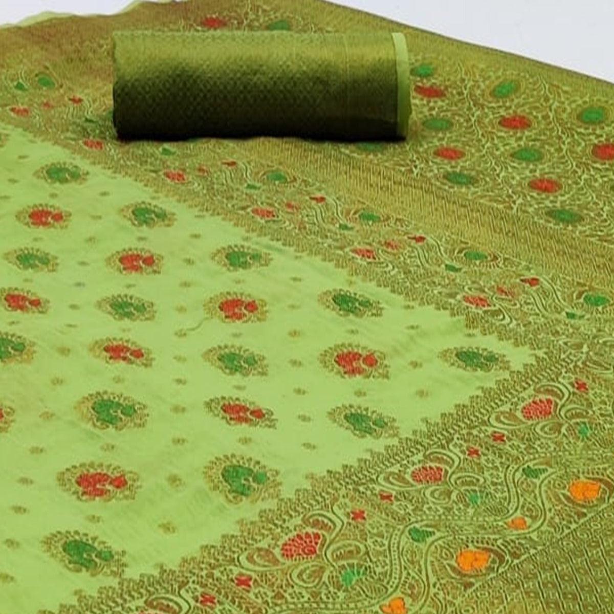 Entrancing Green Colored Festive Wear Woven Cotton Saree