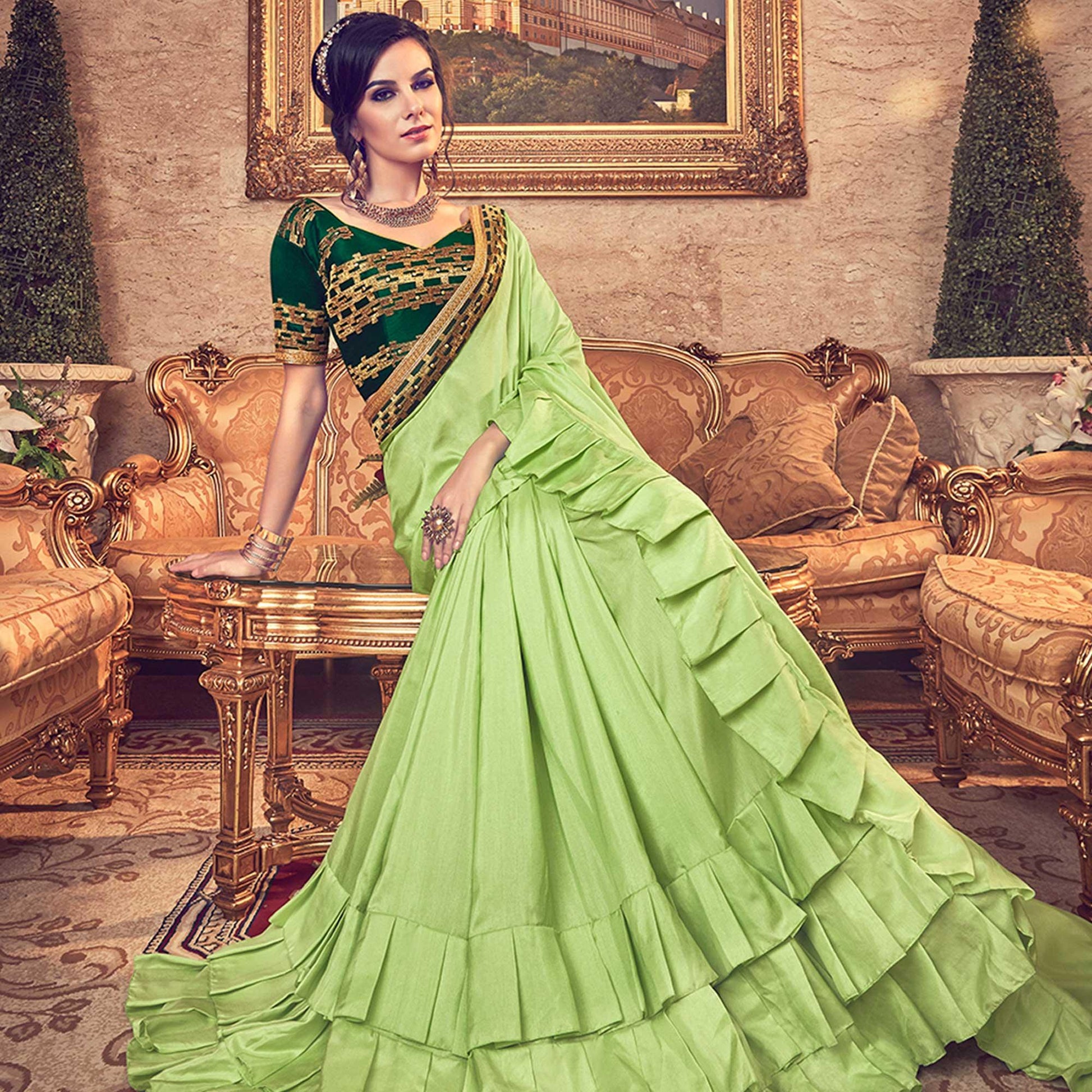 Entrancing Green Colored Partywear Embroidered Georgette Saree