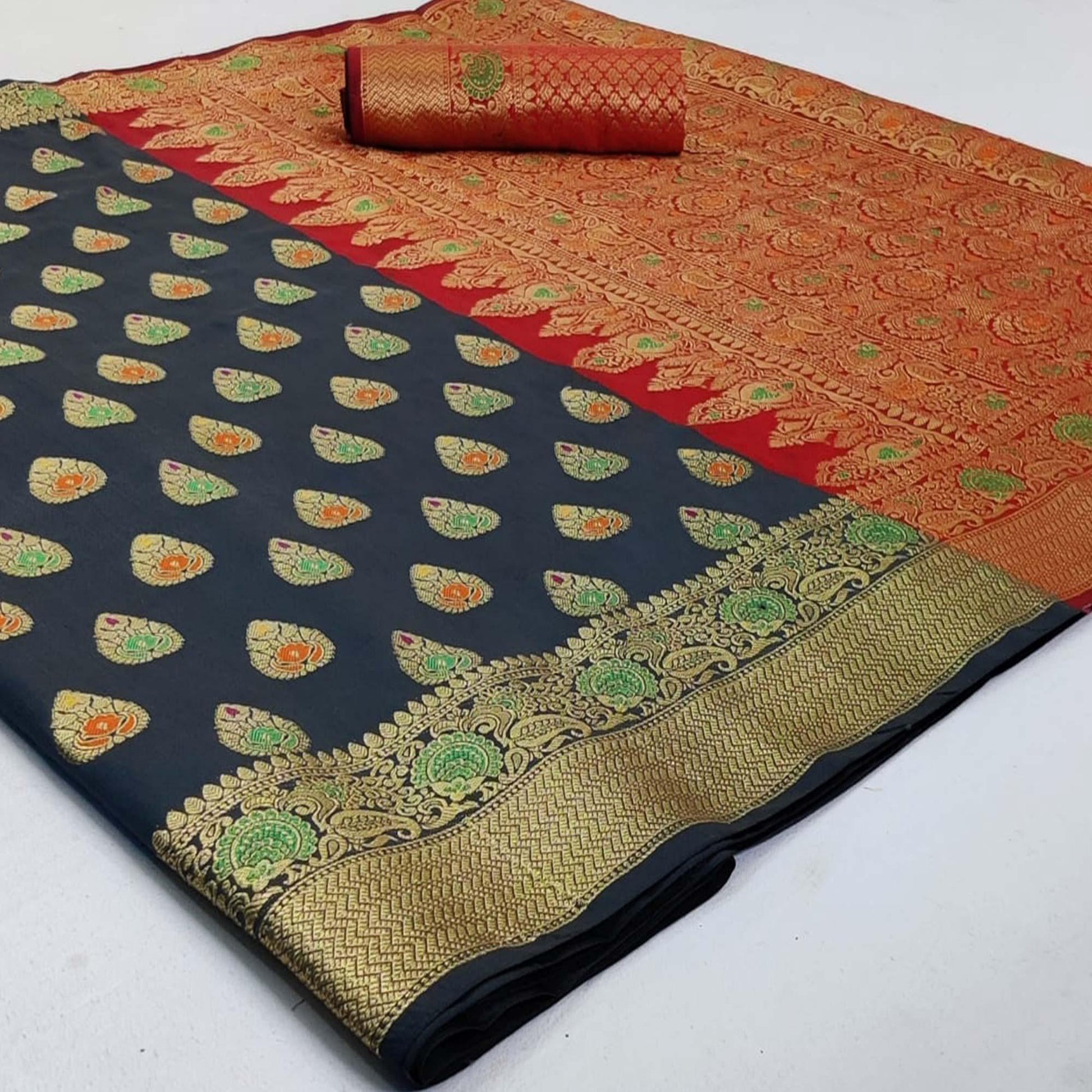 Entrancing Grey Colored Festive Wear Woven Silk Saree