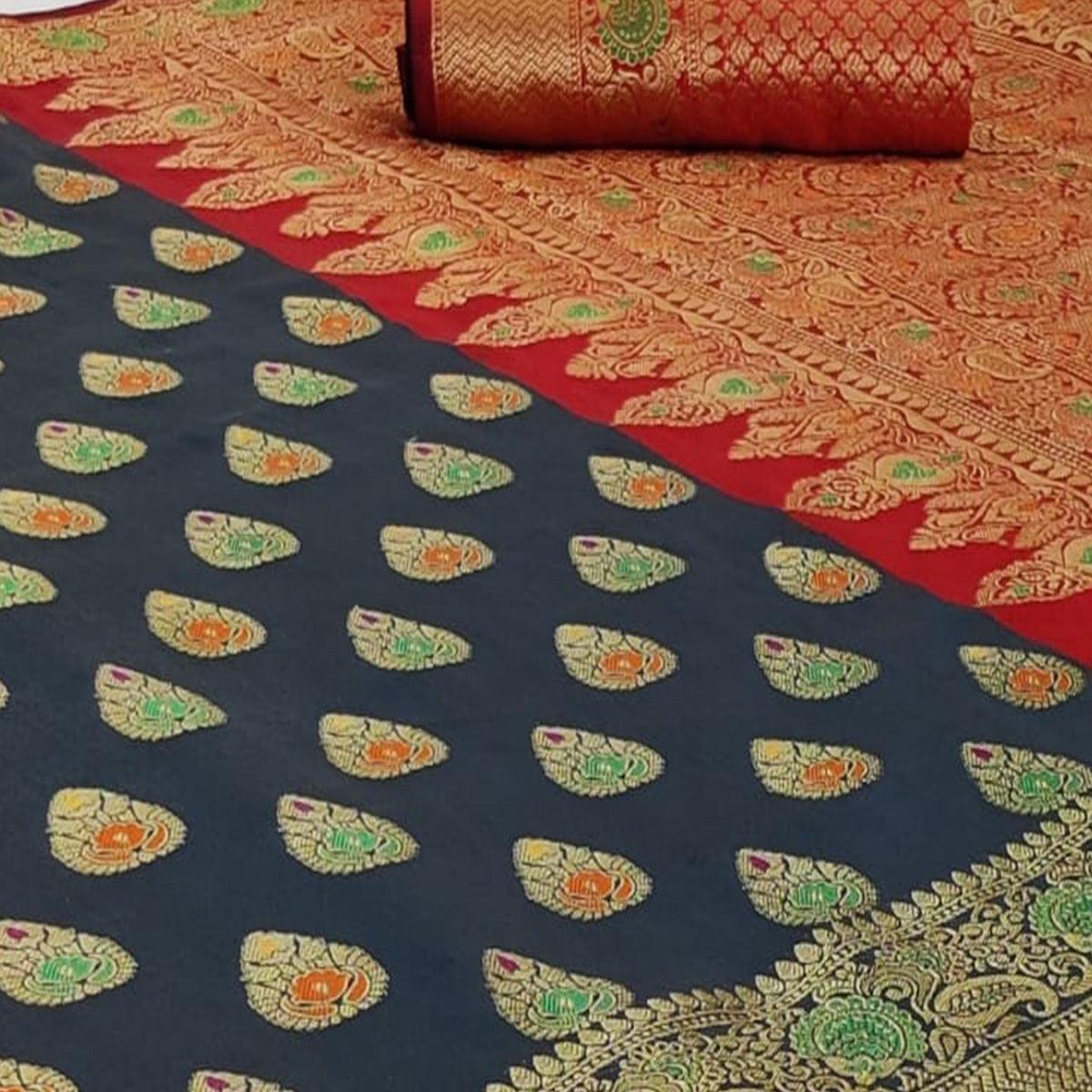 Entrancing Grey Colored Festive Wear Woven Silk Saree