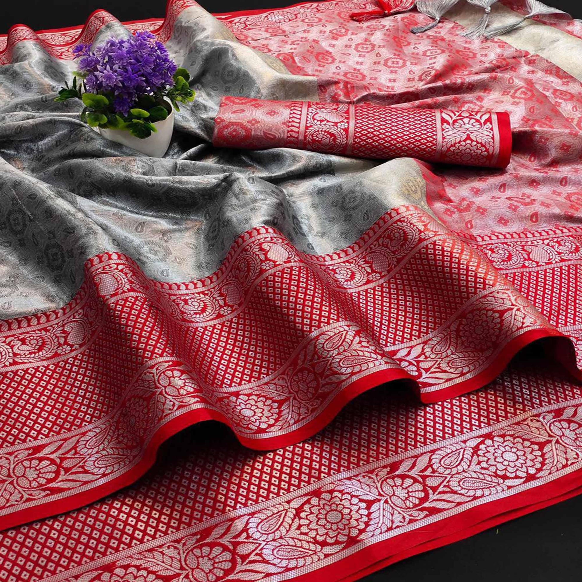 Entrancing Grey - Red Colored Festive Wear Woven Cotton Silk Saree