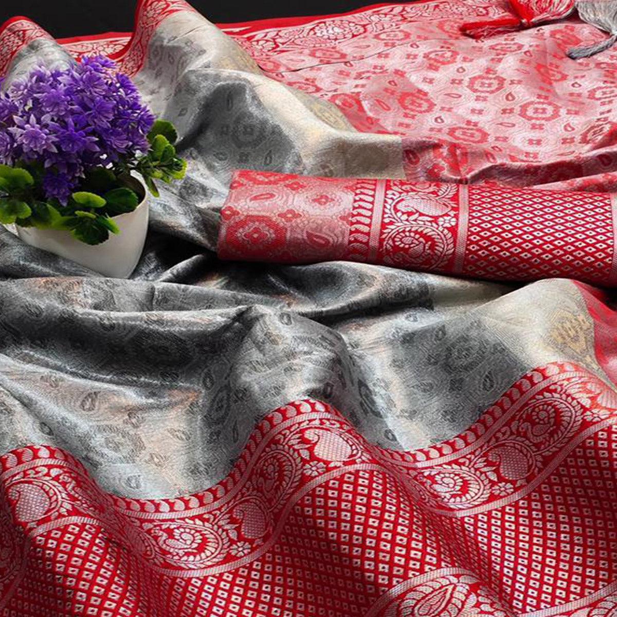 Entrancing Grey - Red Colored Festive Wear Woven Cotton Silk Saree