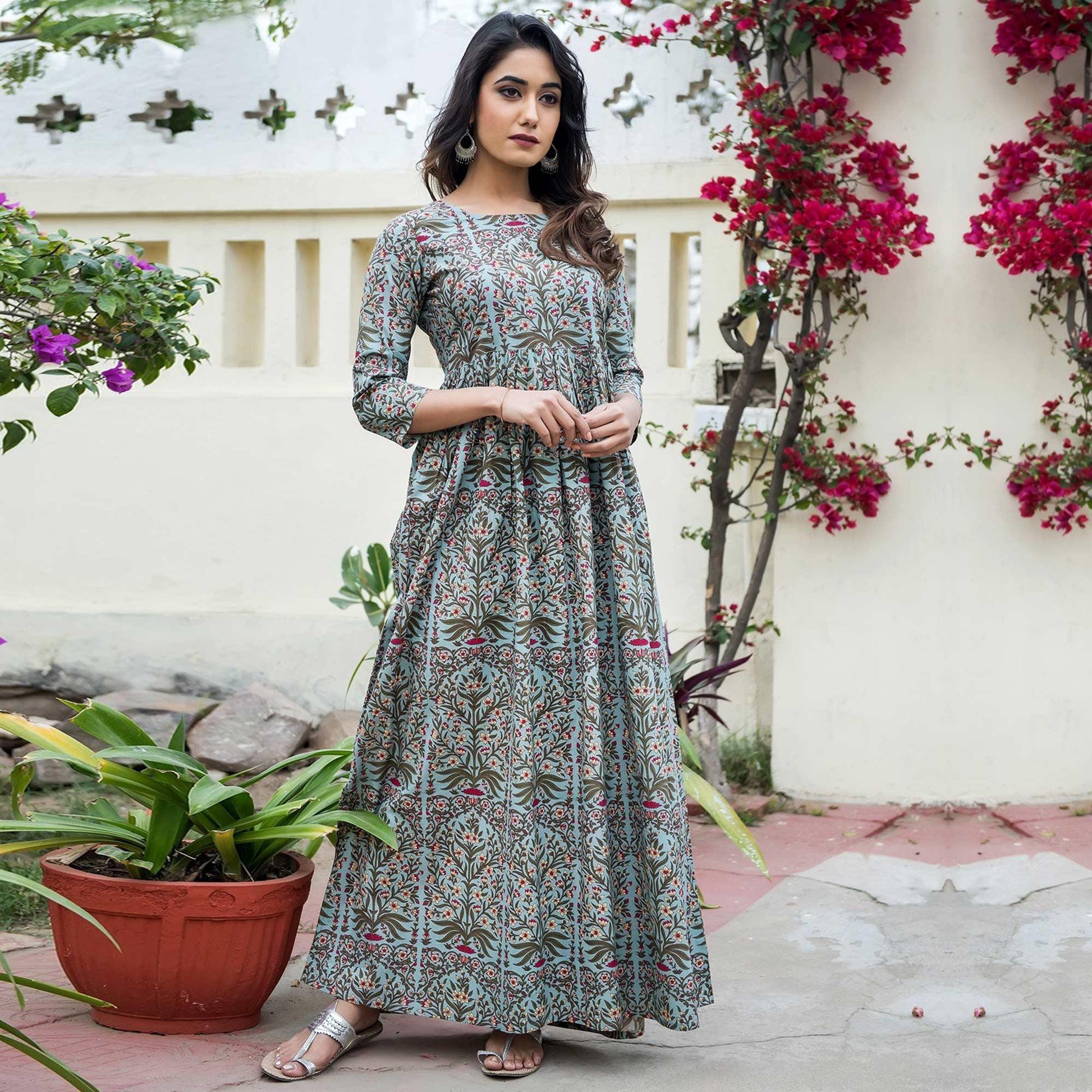 Entrancing Light Blue Colored Casual Printed Muslin Blend Gown