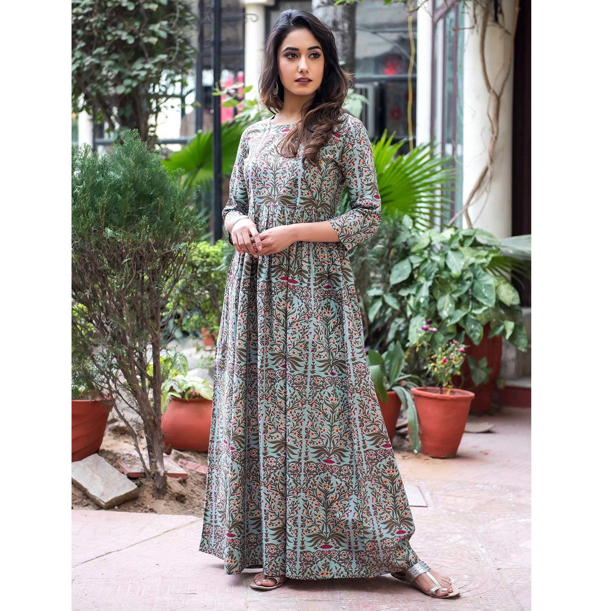 Entrancing Light Blue Colored Casual Printed Muslin Blend Gown