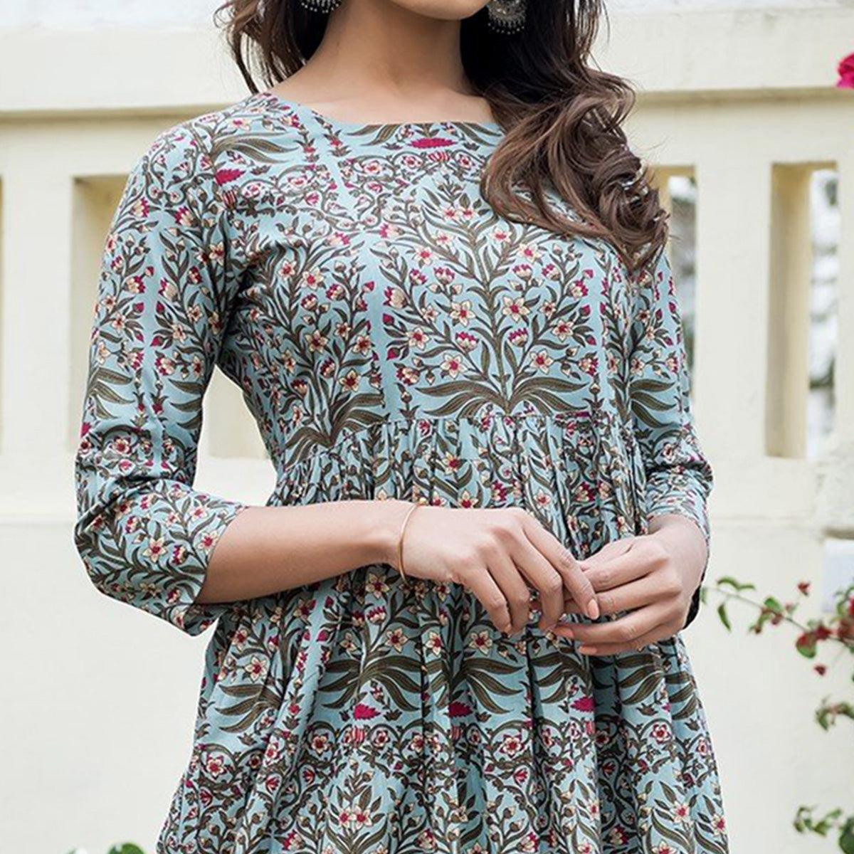 Entrancing Light Blue Colored Casual Printed Muslin Blend Gown