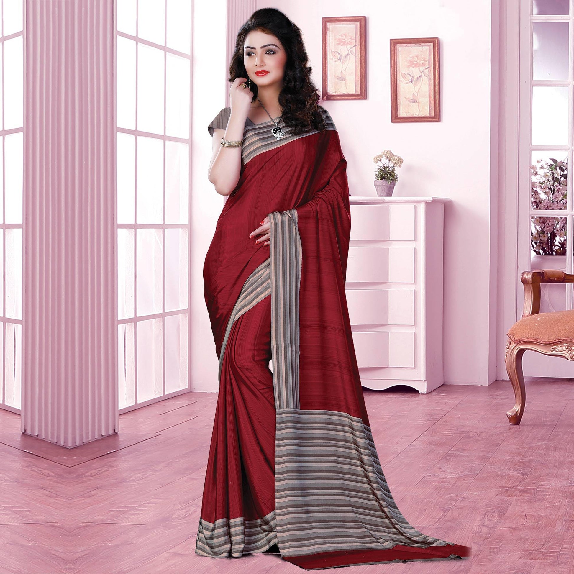 Entrancing Maroon Coloured Casual Wear Printed Crepe Saree