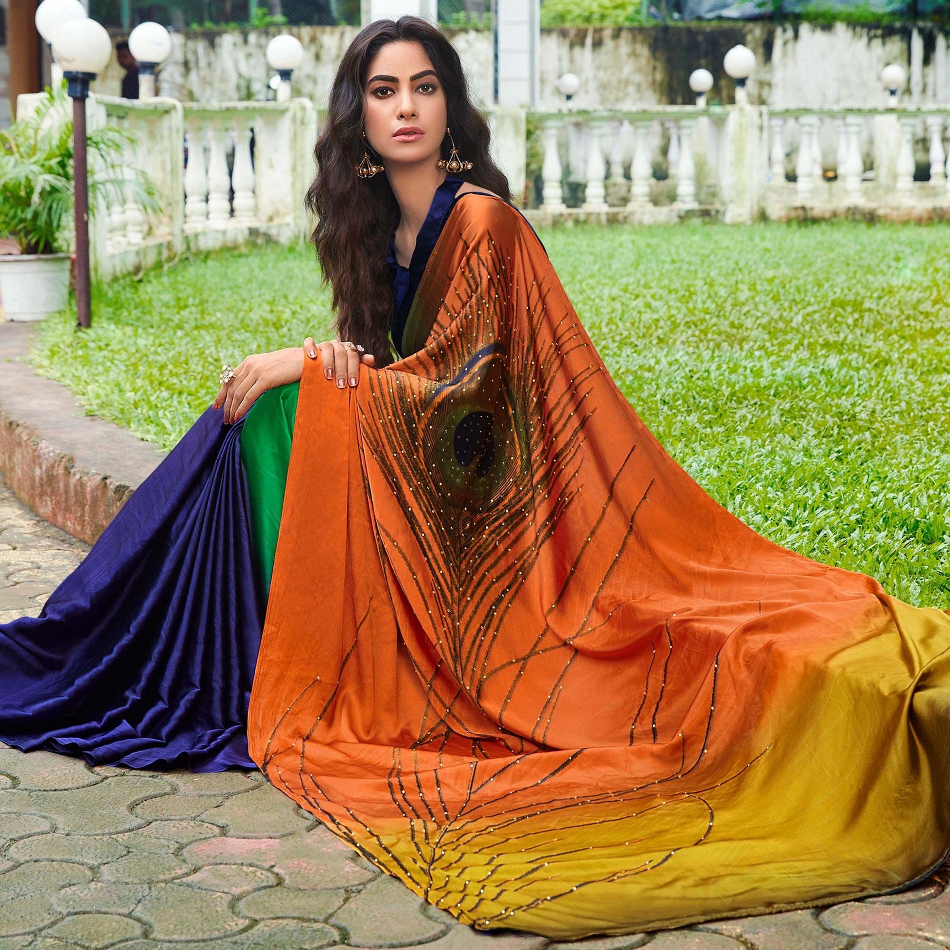 Entrancing Multi Colored Party Wear Printed Silk Saree