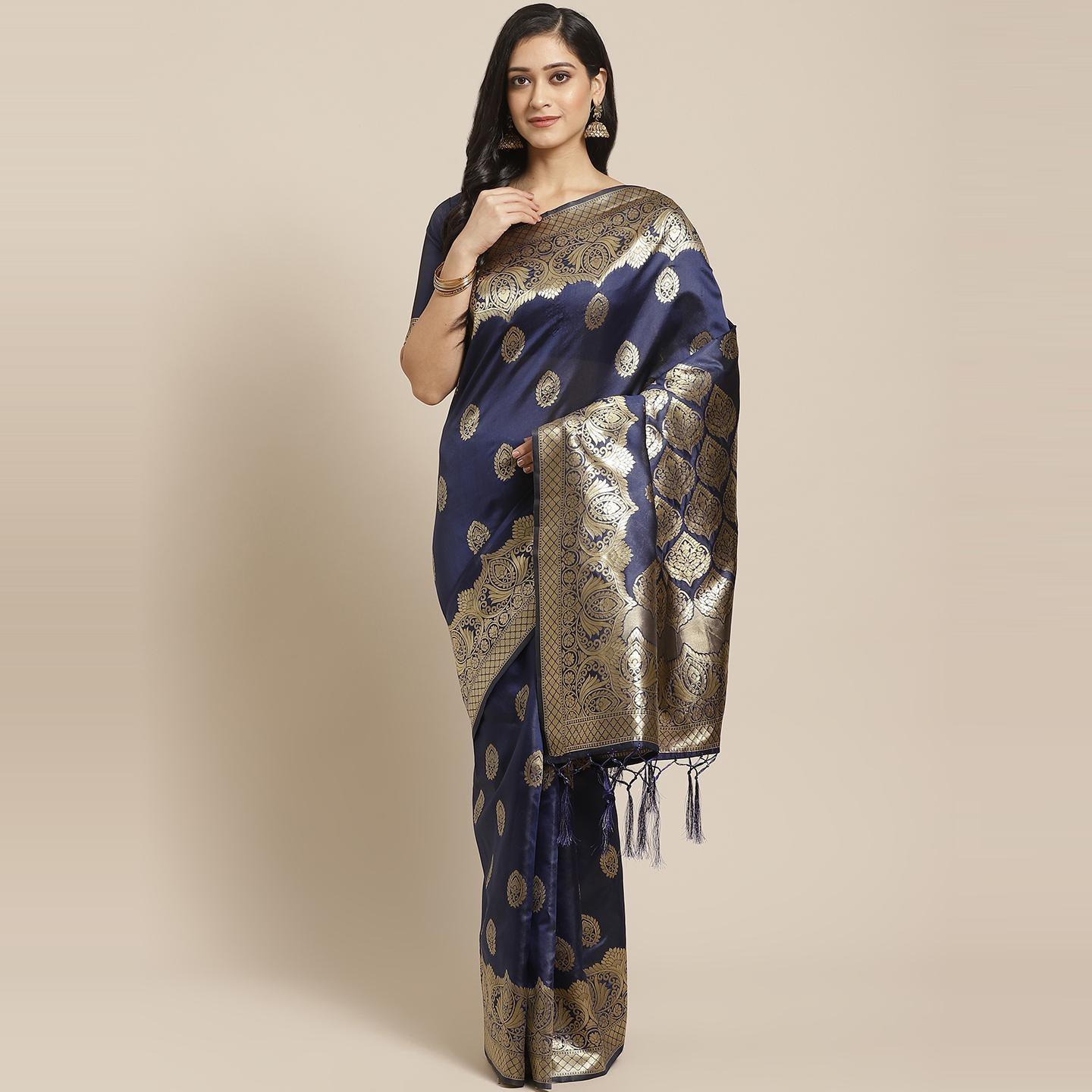 Entrancing Navy Blue Colored Festive Wear Woven Silk Saree