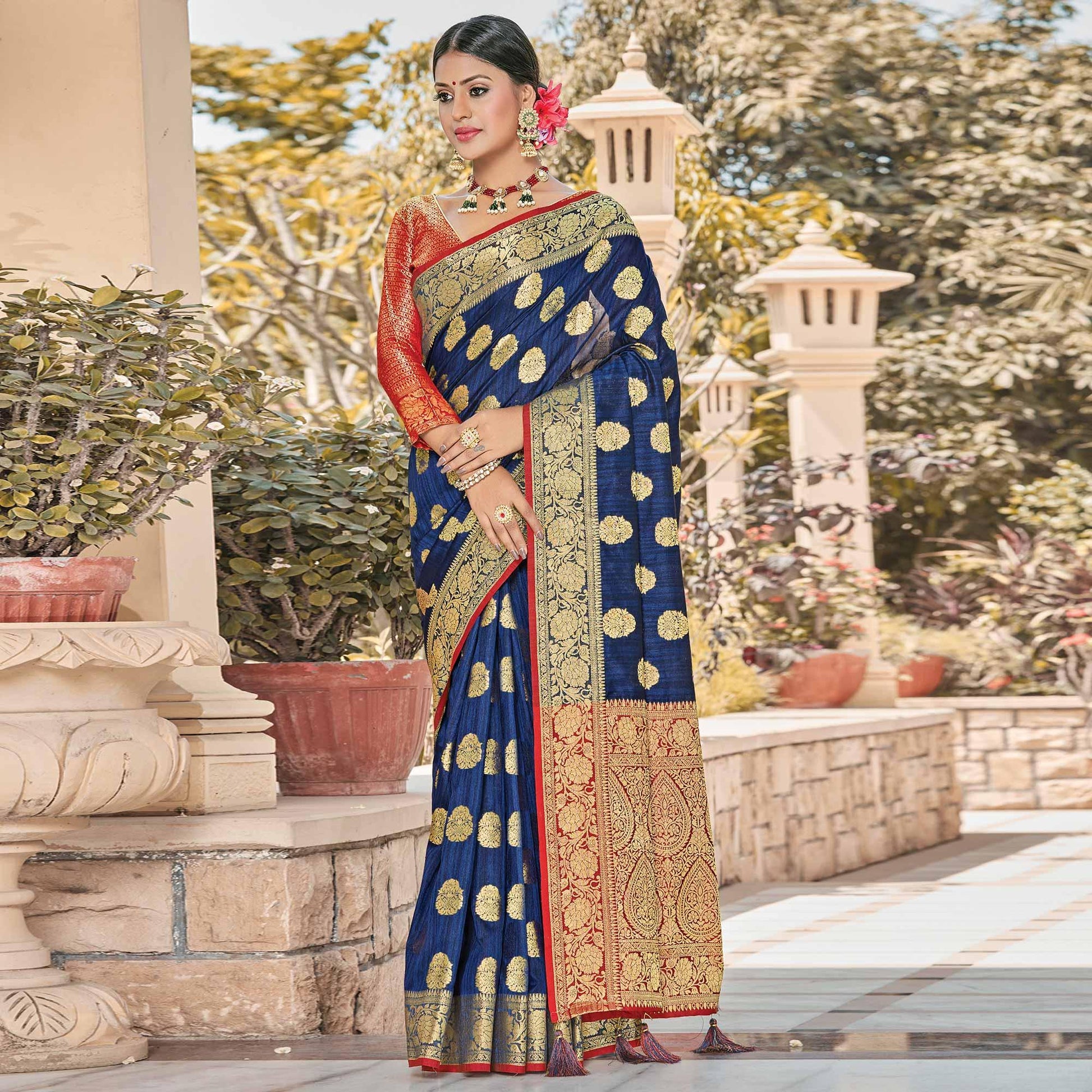 Entrancing Navy Blue Colored Festive Wear Woven Silk Saree