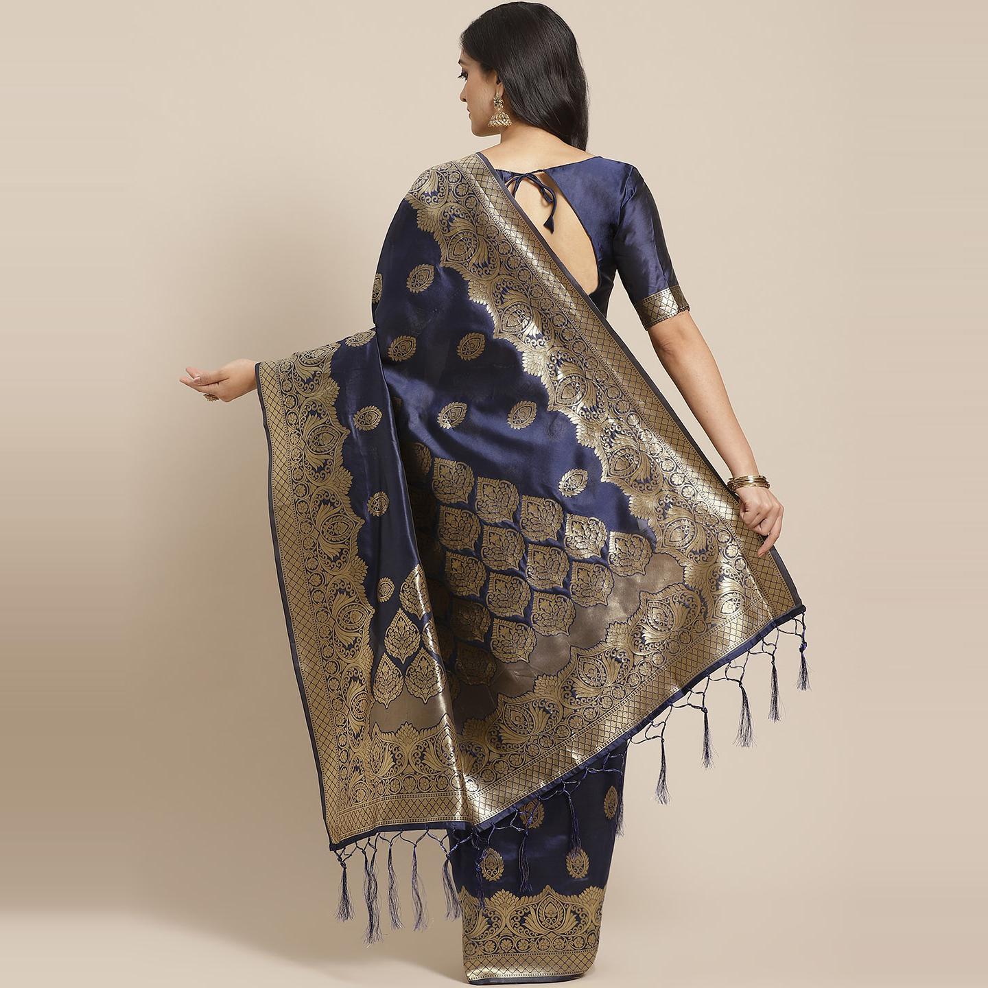 Entrancing Navy Blue Colored Festive Wear Woven Silk Saree