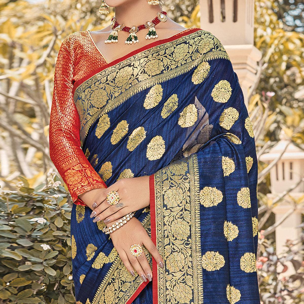 Entrancing Navy Blue Colored Festive Wear Woven Silk Saree