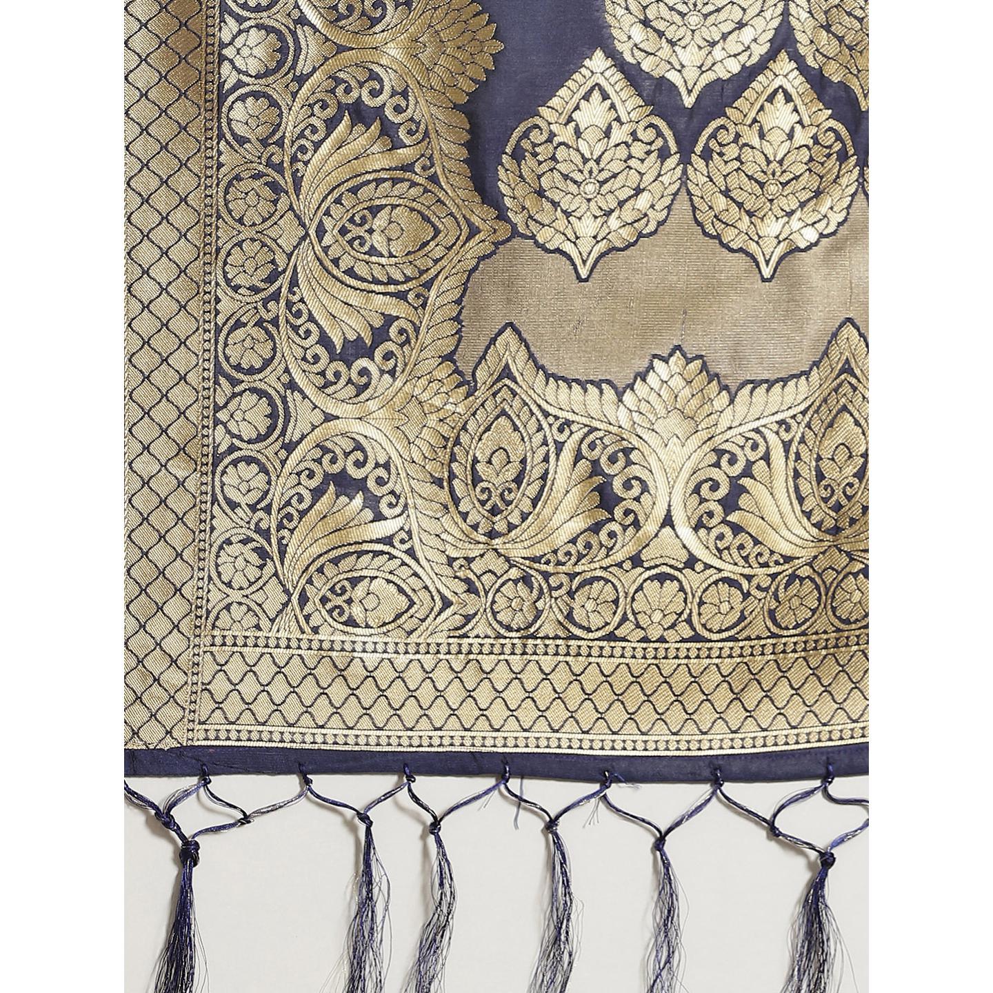 Entrancing Navy Blue Colored Festive Wear Woven Silk Saree