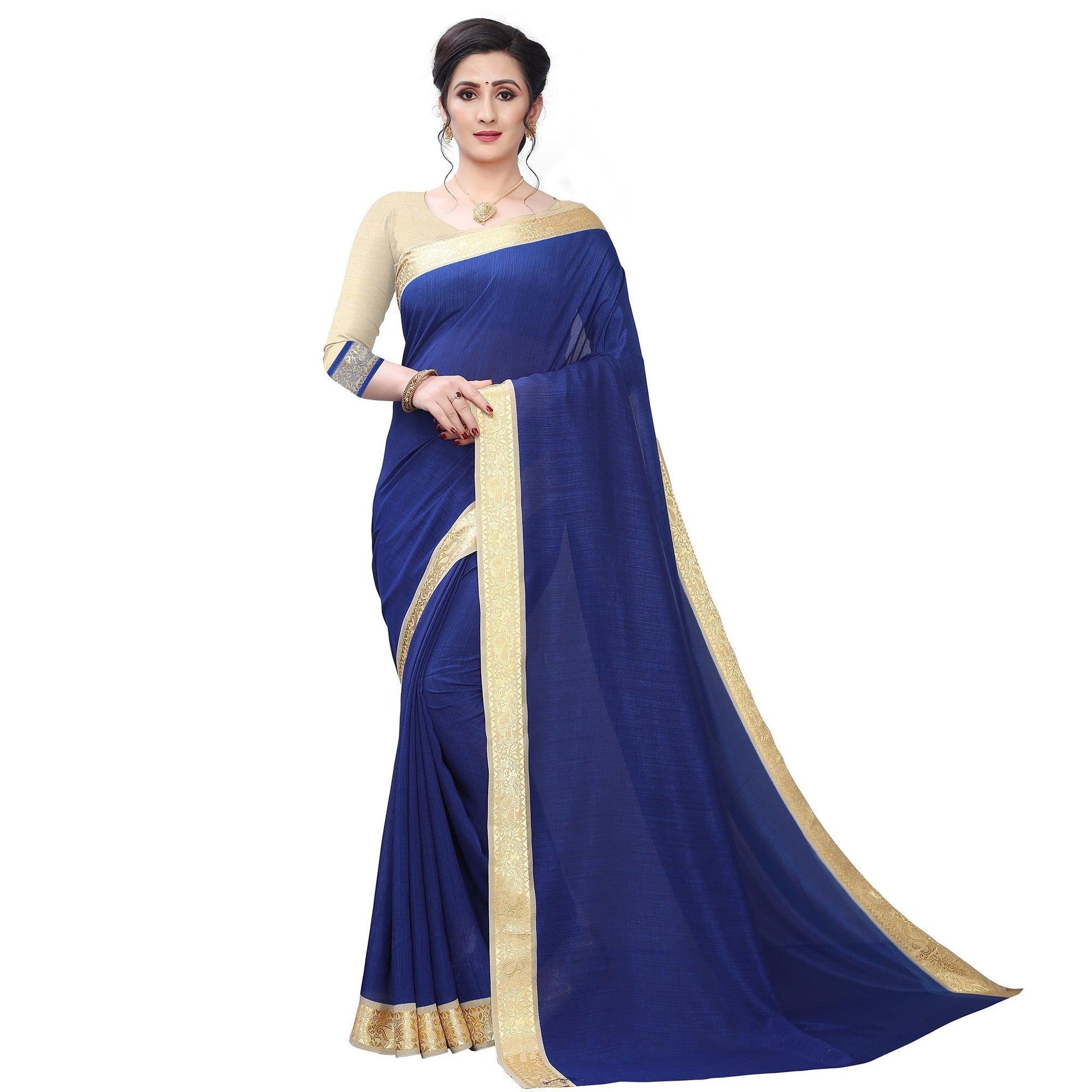 Entrancing Navy Blue Colored Festive Wear Woven Vichitra Silk Saree
