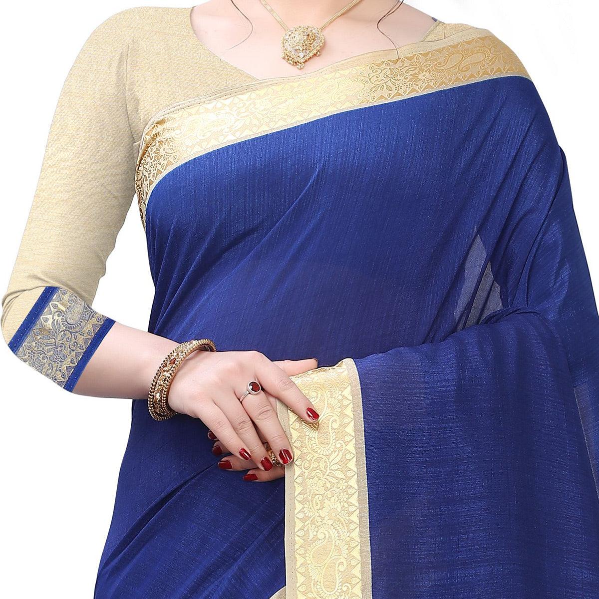 Entrancing Navy Blue Colored Festive Wear Woven Vichitra Silk Saree