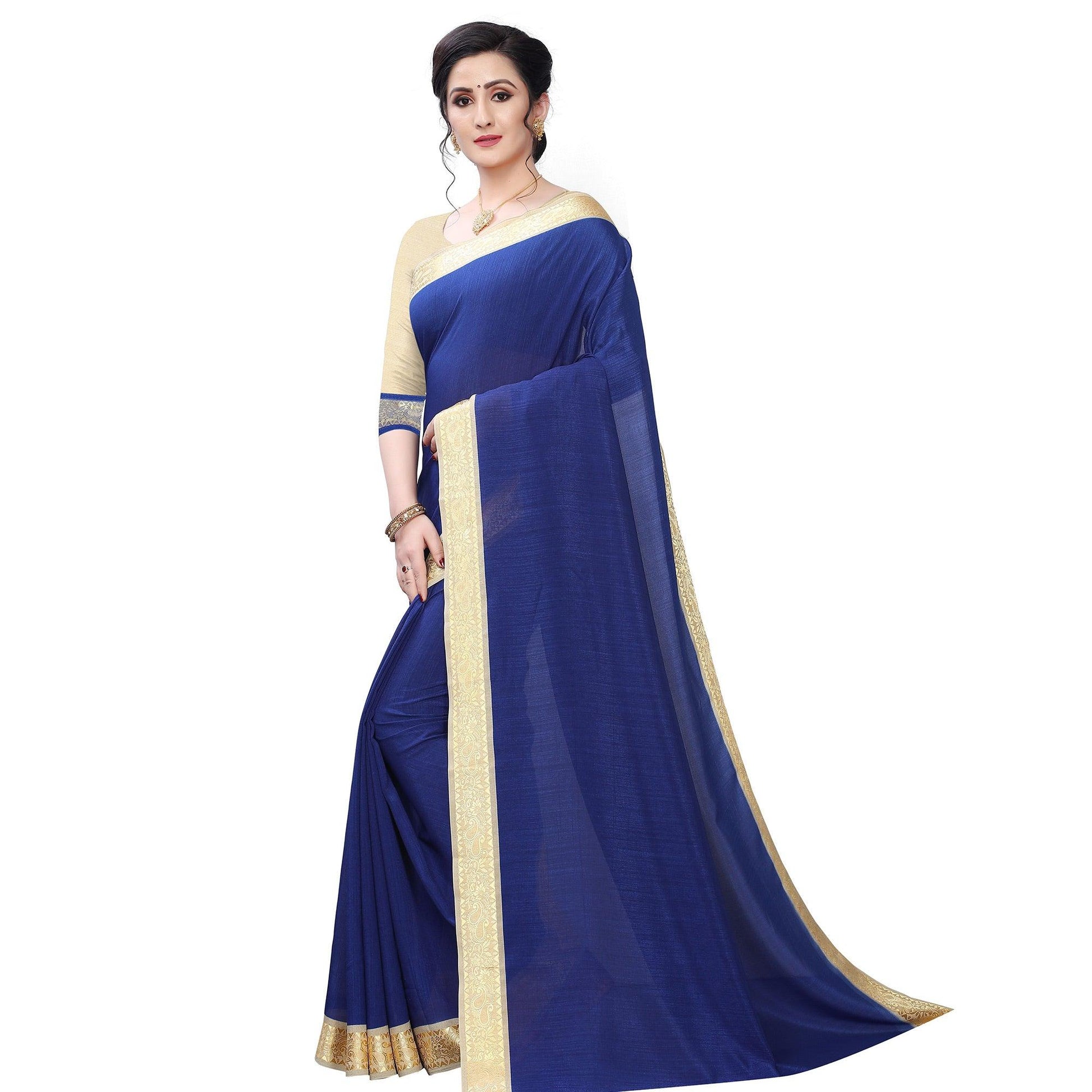 Entrancing Navy Blue Colored Festive Wear Woven Vichitra Silk Saree
