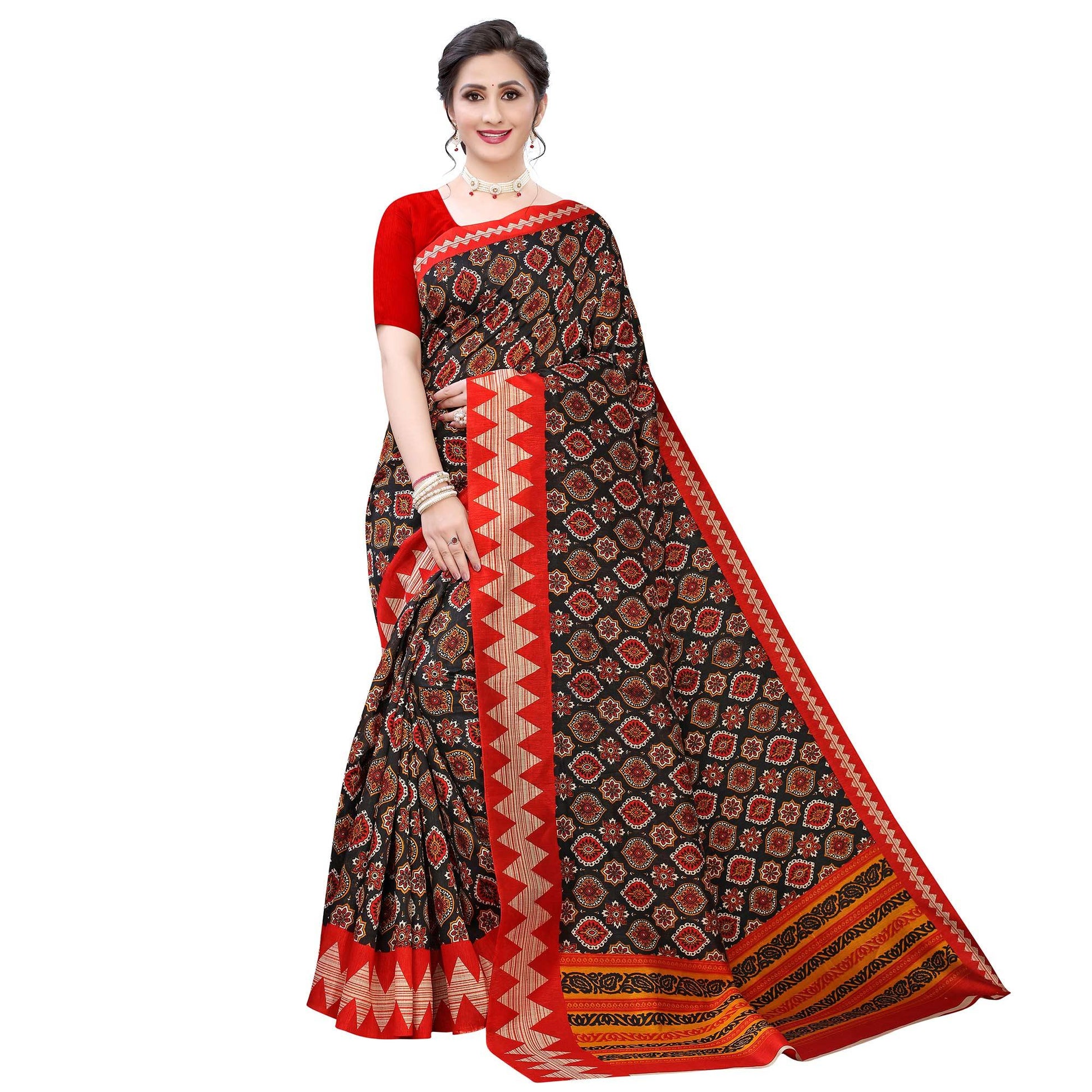 Entrancing Navy Blue - Peach Colored Casual Wear Printed Art Silk Saree