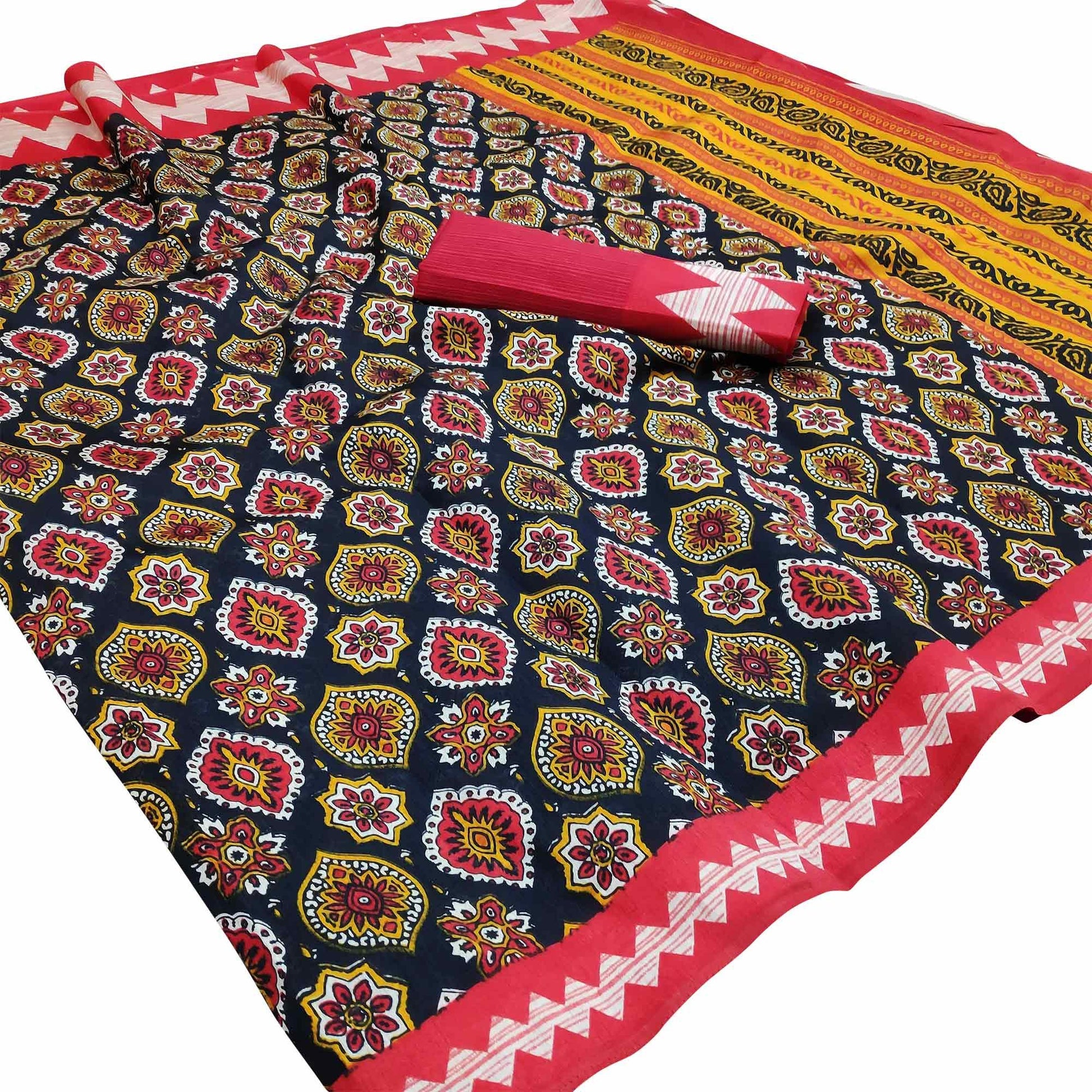 Entrancing Navy Blue - Peach Colored Casual Wear Printed Art Silk Saree