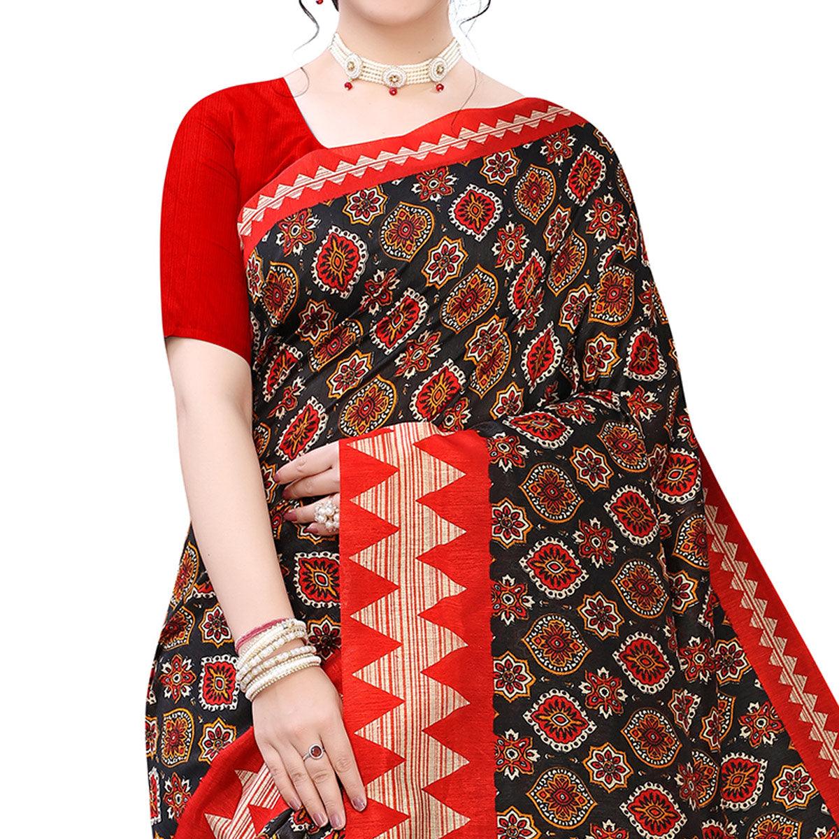 Entrancing Navy Blue - Peach Colored Casual Wear Printed Art Silk Saree
