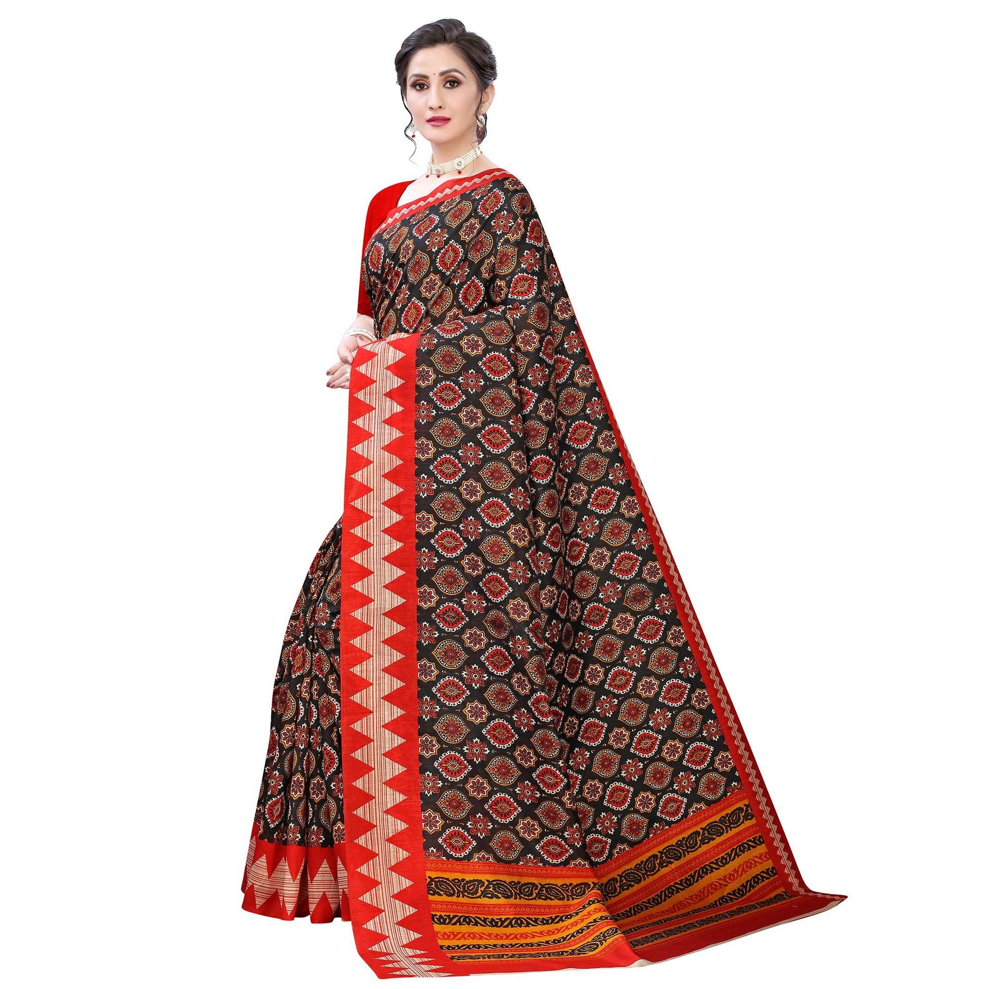Entrancing Navy Blue - Peach Colored Casual Wear Printed Art Silk Saree