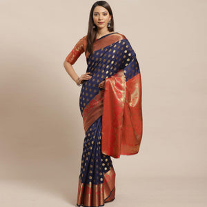 Entrancing Navy Blue - Red Colored Festive Wear Woven Silk Blend Saree