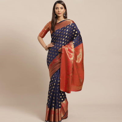 Entrancing Navy Blue - Red Colored Festive Wear Woven Silk Blend Saree