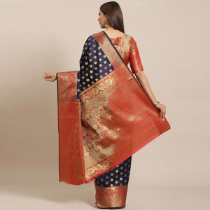 Entrancing Navy Blue - Red Colored Festive Wear Woven Silk Blend Saree
