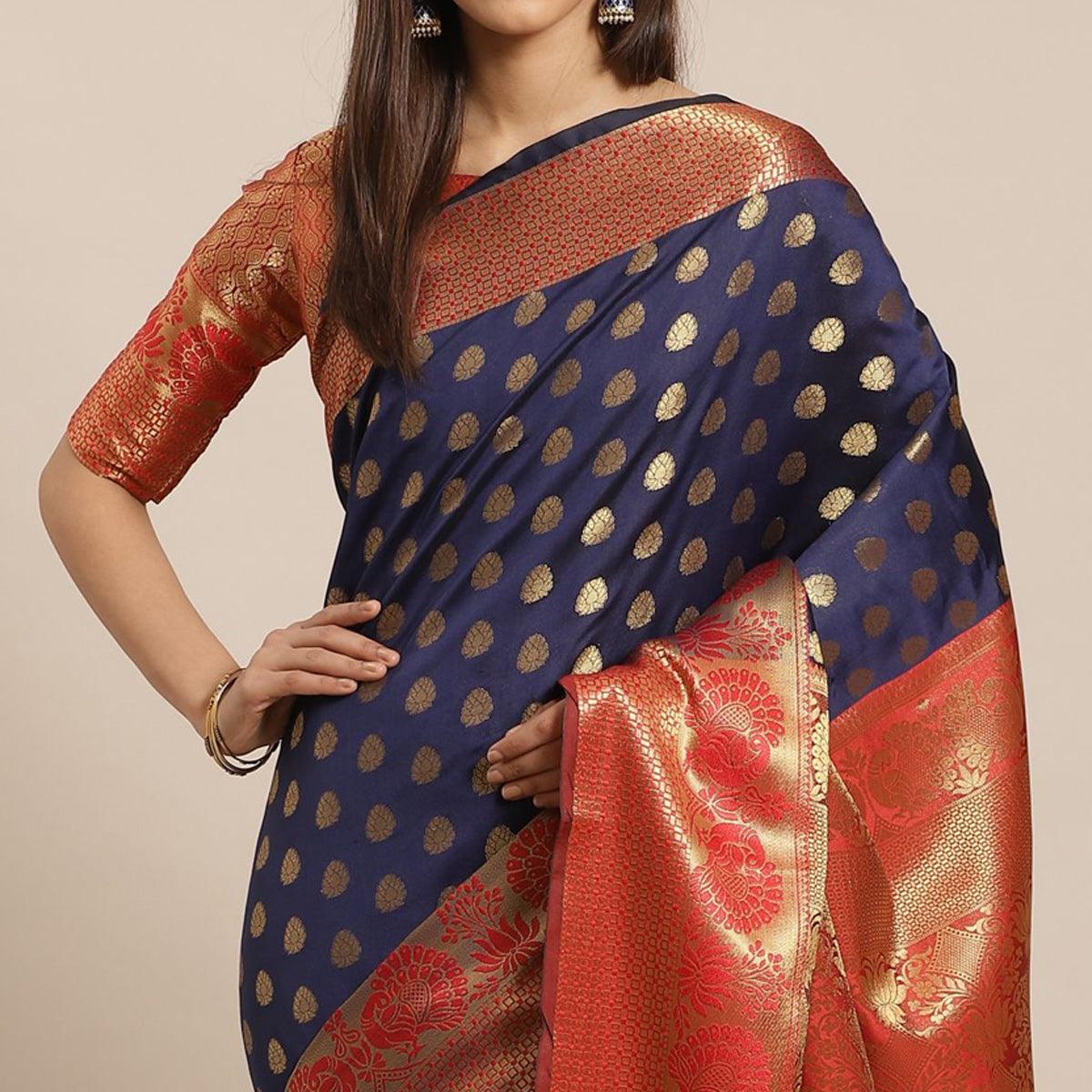 Entrancing Navy Blue - Red Colored Festive Wear Woven Silk Blend Saree
