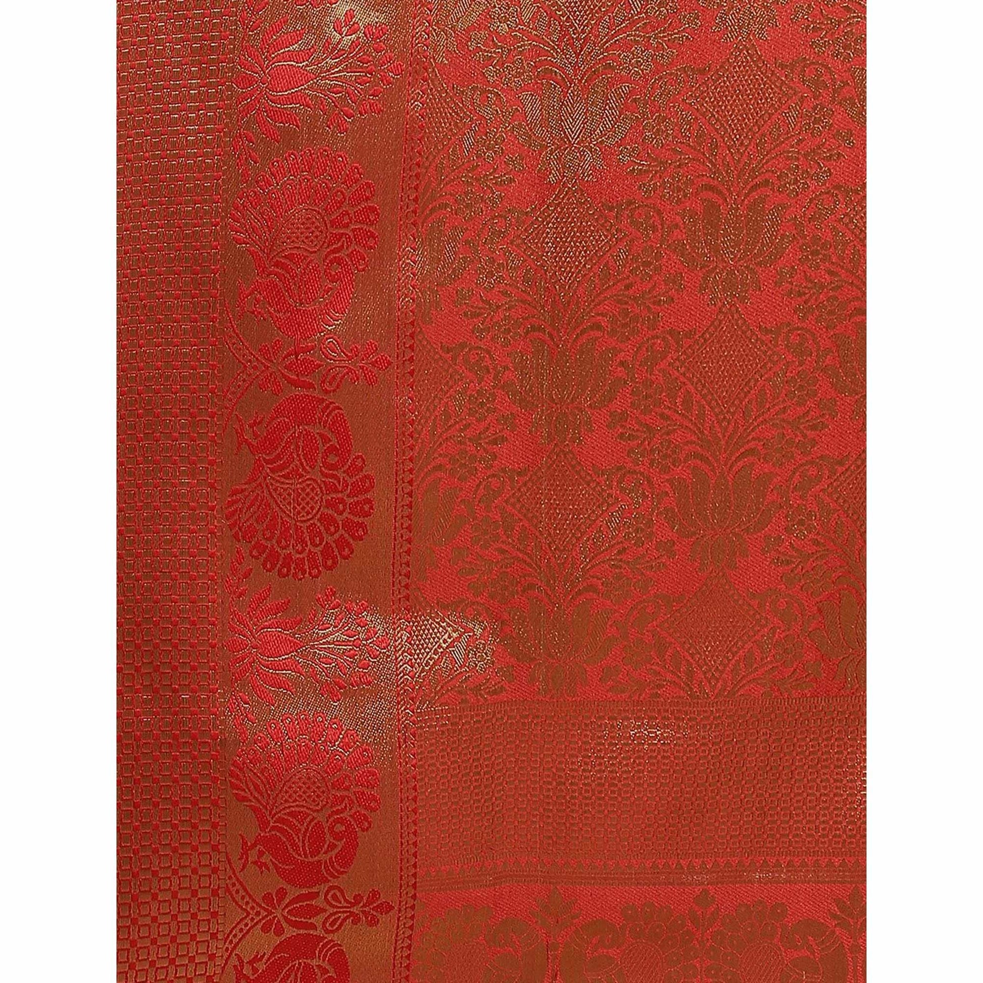 Entrancing Navy Blue - Red Colored Festive Wear Woven Silk Blend Saree