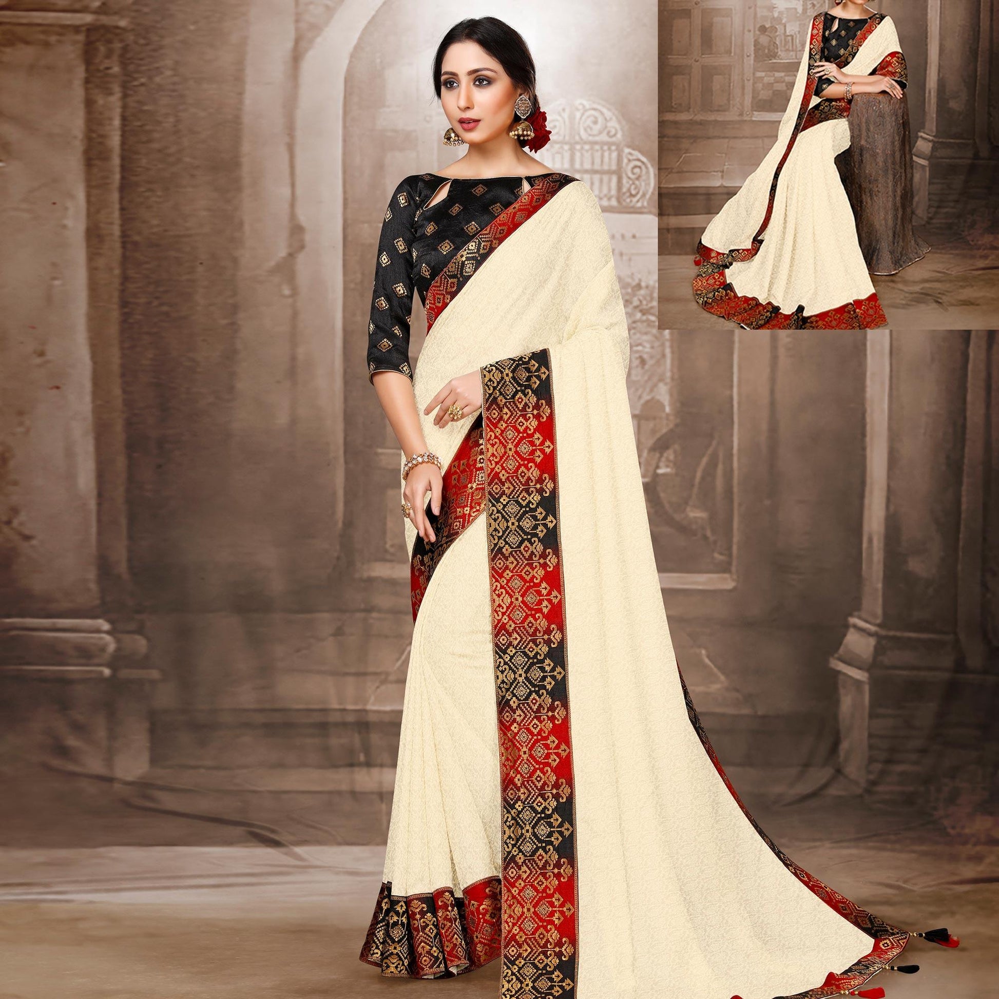 Entrancing Offwhite Colored Festive Wear Woven Silk Saree